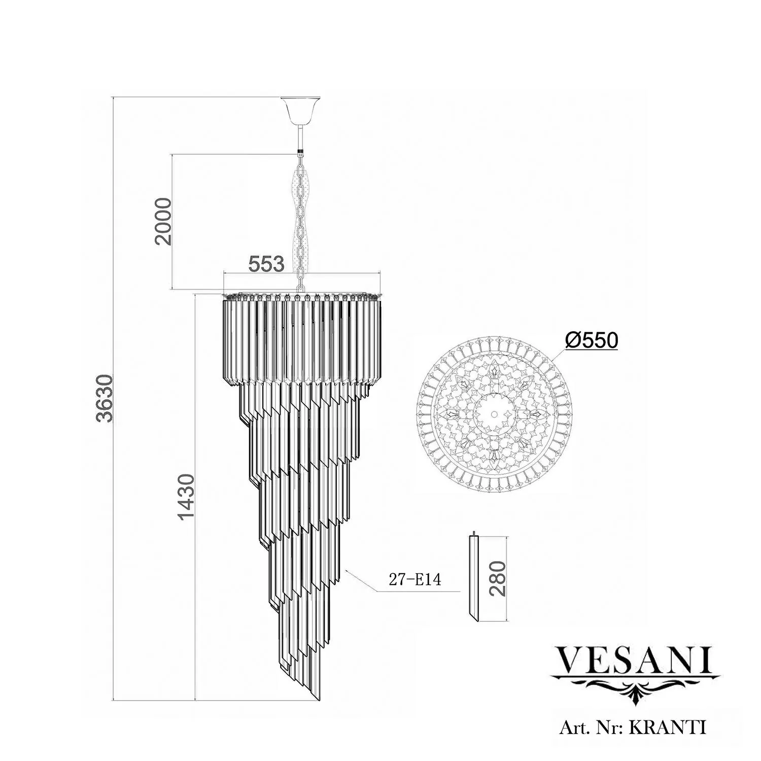 Kristallkrona Spiral Ø55xH142cm Svart/Klar - Antibes