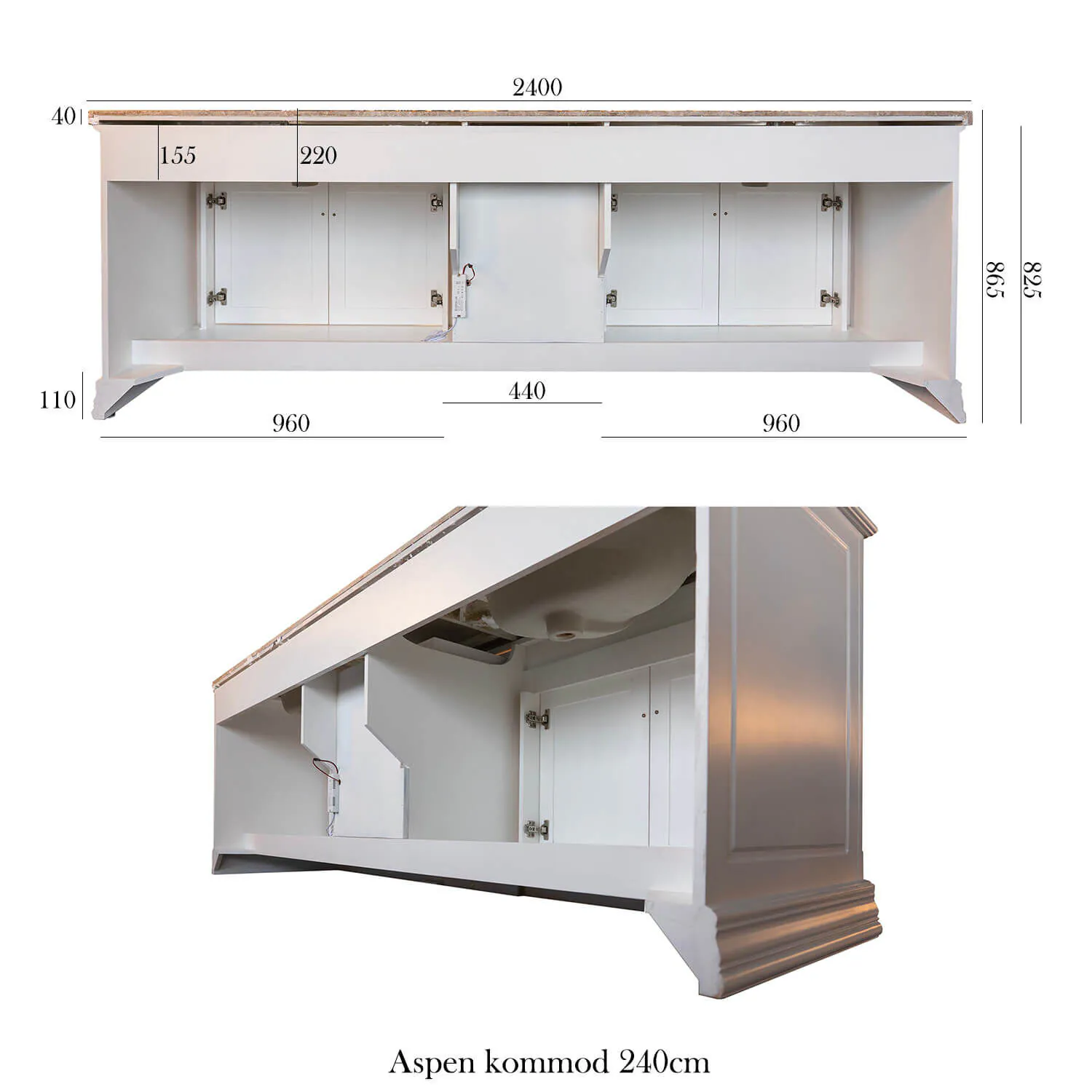 Dubbel Kommod Badrum 240cm Aspen Vit - Vit Marmor