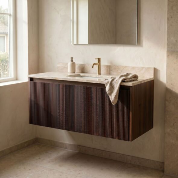Badrumskommod Valnöt 100cm Beige Marmor - Båstad