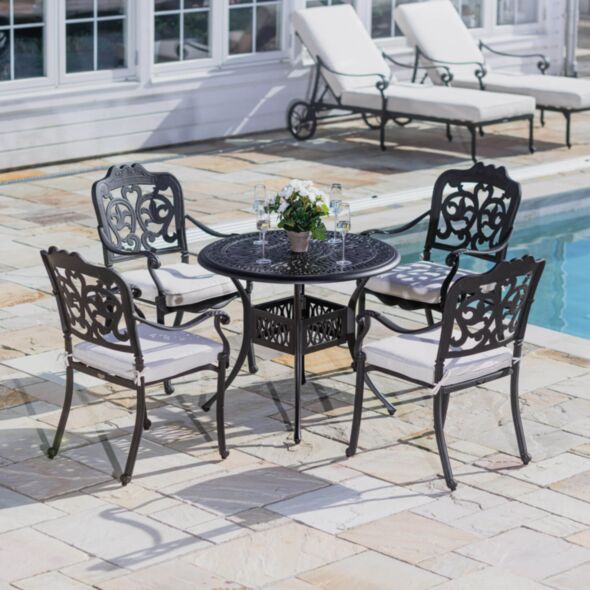 Caféset 4 Stolar Svart Aluminium - Toscana Ø90cm