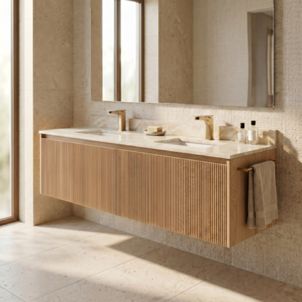 Dubbelkommod Ek 150cm Beige Marmor - Båstad