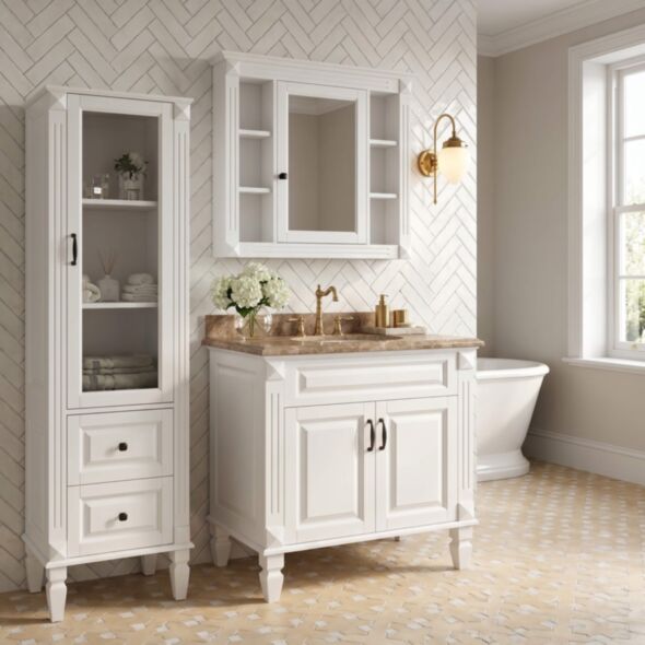 Kommod Badrum 80cm Nashville Vit - Beige Marmor