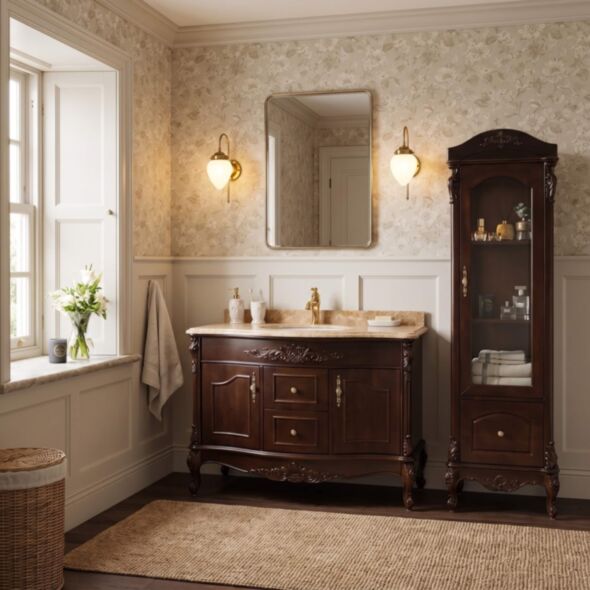 Kommod Badrum 120cm Ottawa Mörkbrun - Beige Marmor