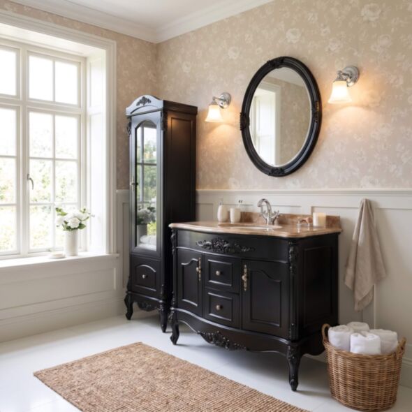 Kommod Badrum 120cm Ottawa Svart - Beige Marmor