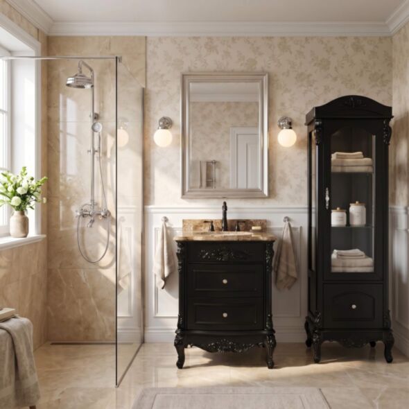 Kommod Badrum 60cm Ottawa Svart - Beige Marmor