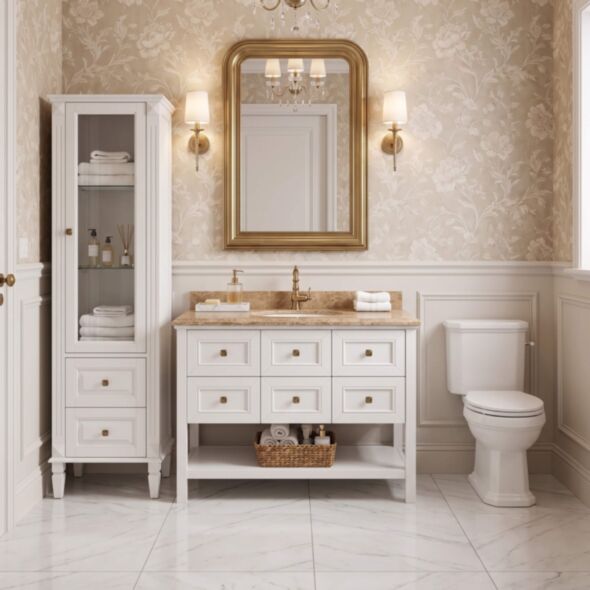 Kommod Badrum 120cm Utah Vit - Beige Marmor