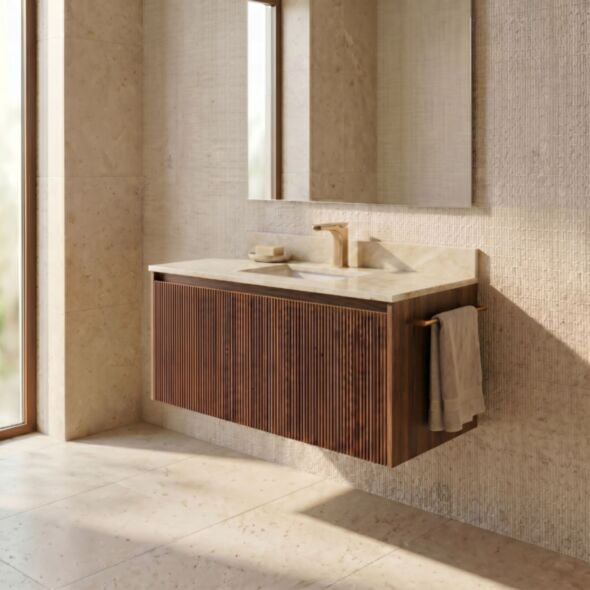 Badrumskommod Valnöt 80cm Beige Marmor - Båstad