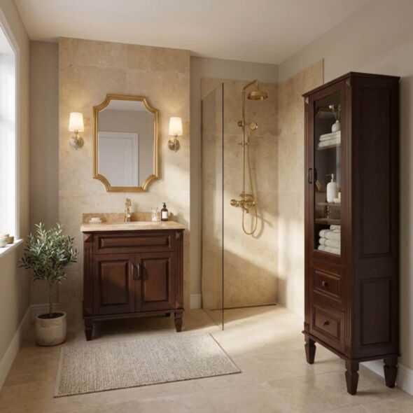 Kommod Badrum 80cm Nashville Mörkbrun - Beige Marmor