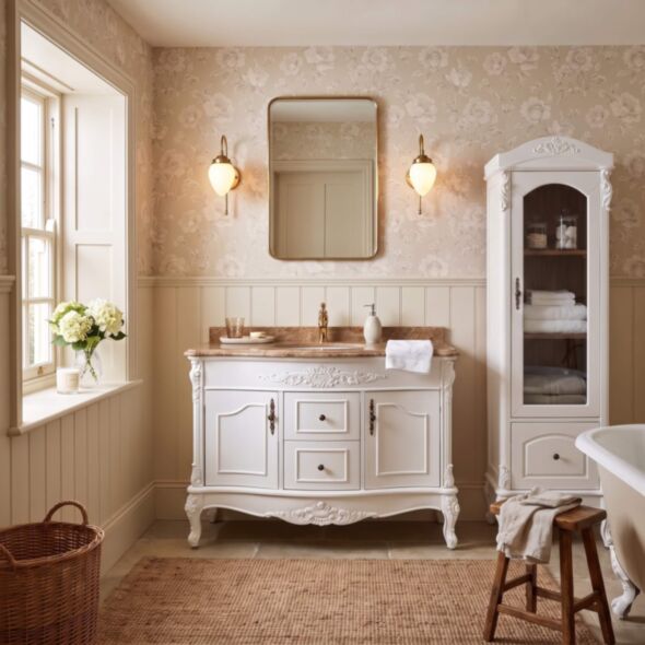 Kommod Badrum 120cm Ottawa Vit - Beige Marmor