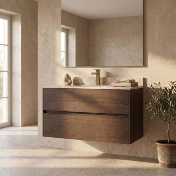 Badrumskommod Valnöt 100cm Beige Marmor - Marstrand