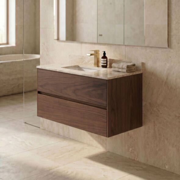 Badrumskommod Valnöt 80cm Beige Marmor - Marstrand