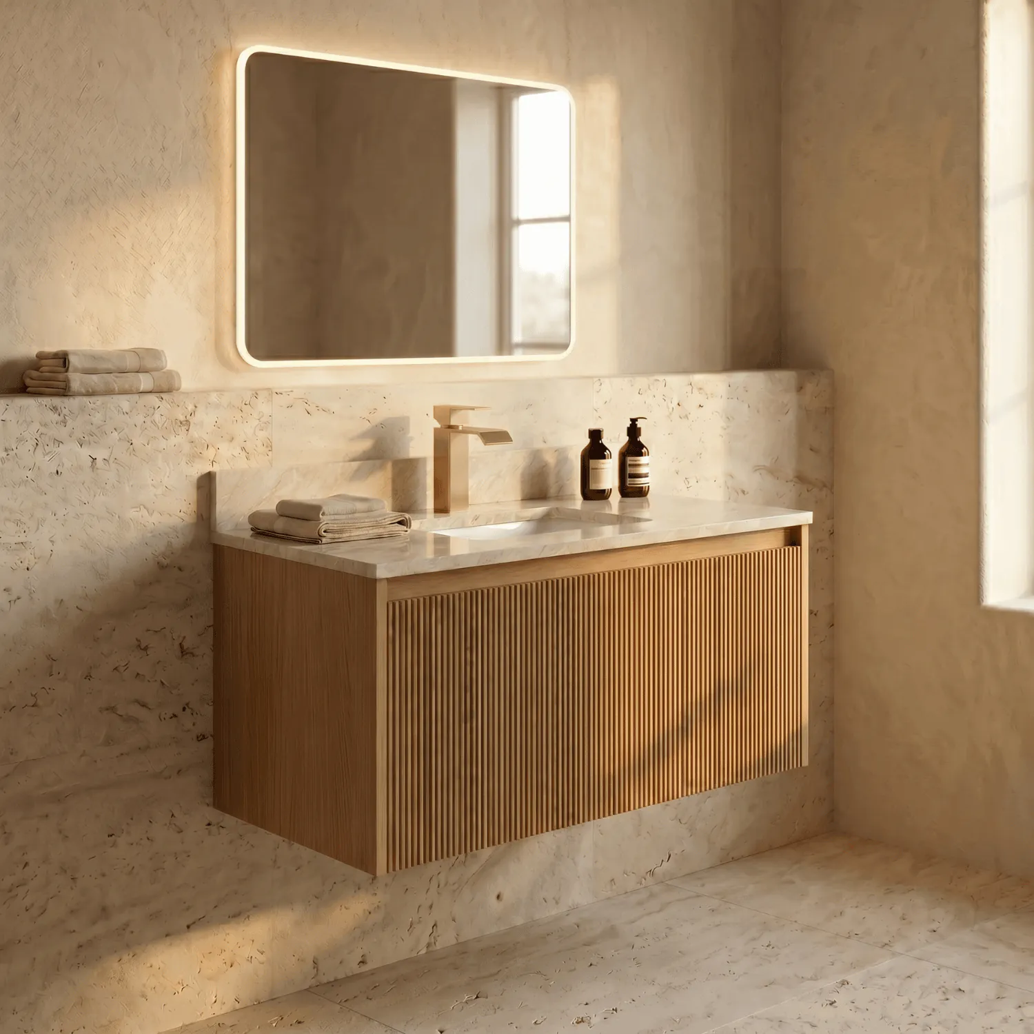 Badrumskommod Ek 80cm Beige Marmor - Båstad