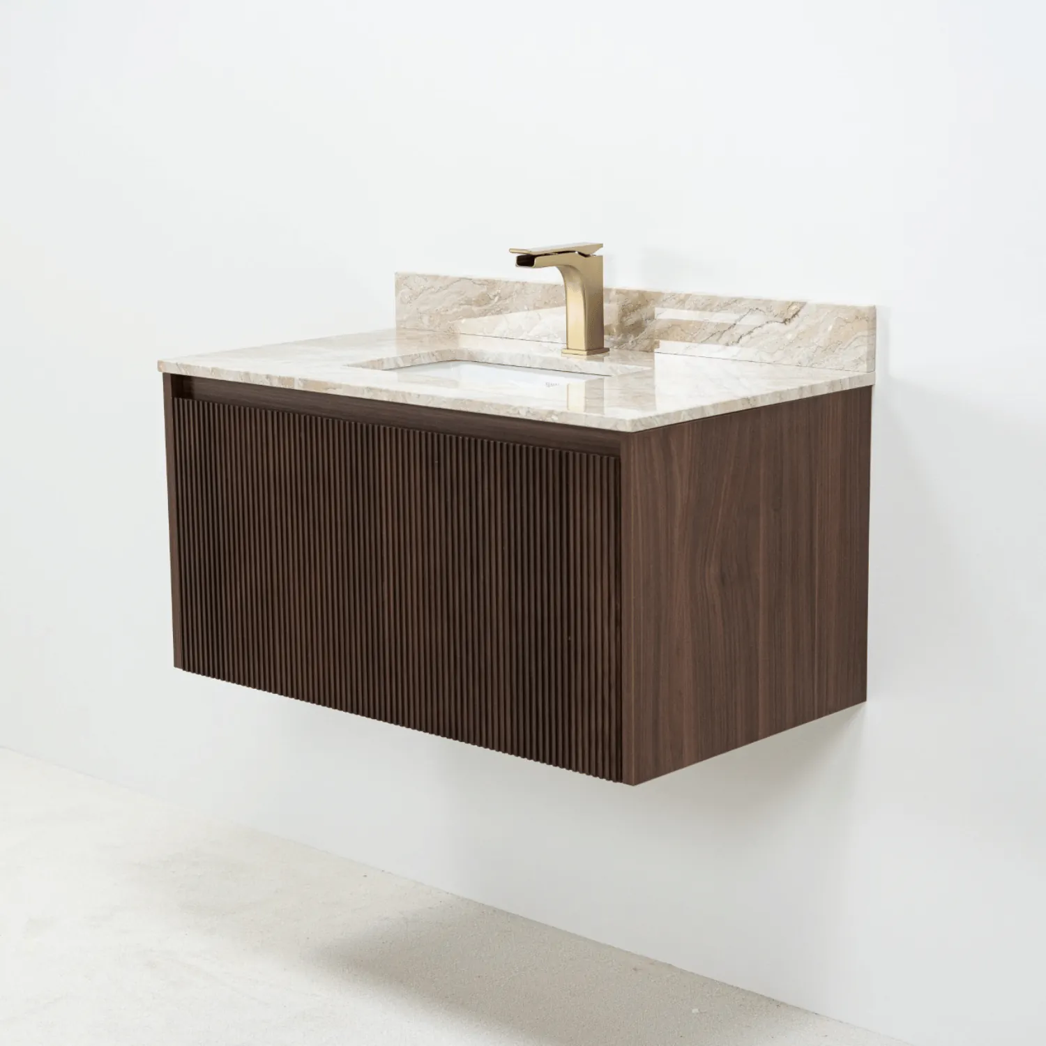 Badrumskommod Valnöt 80cm Beige Marmor - Båstad