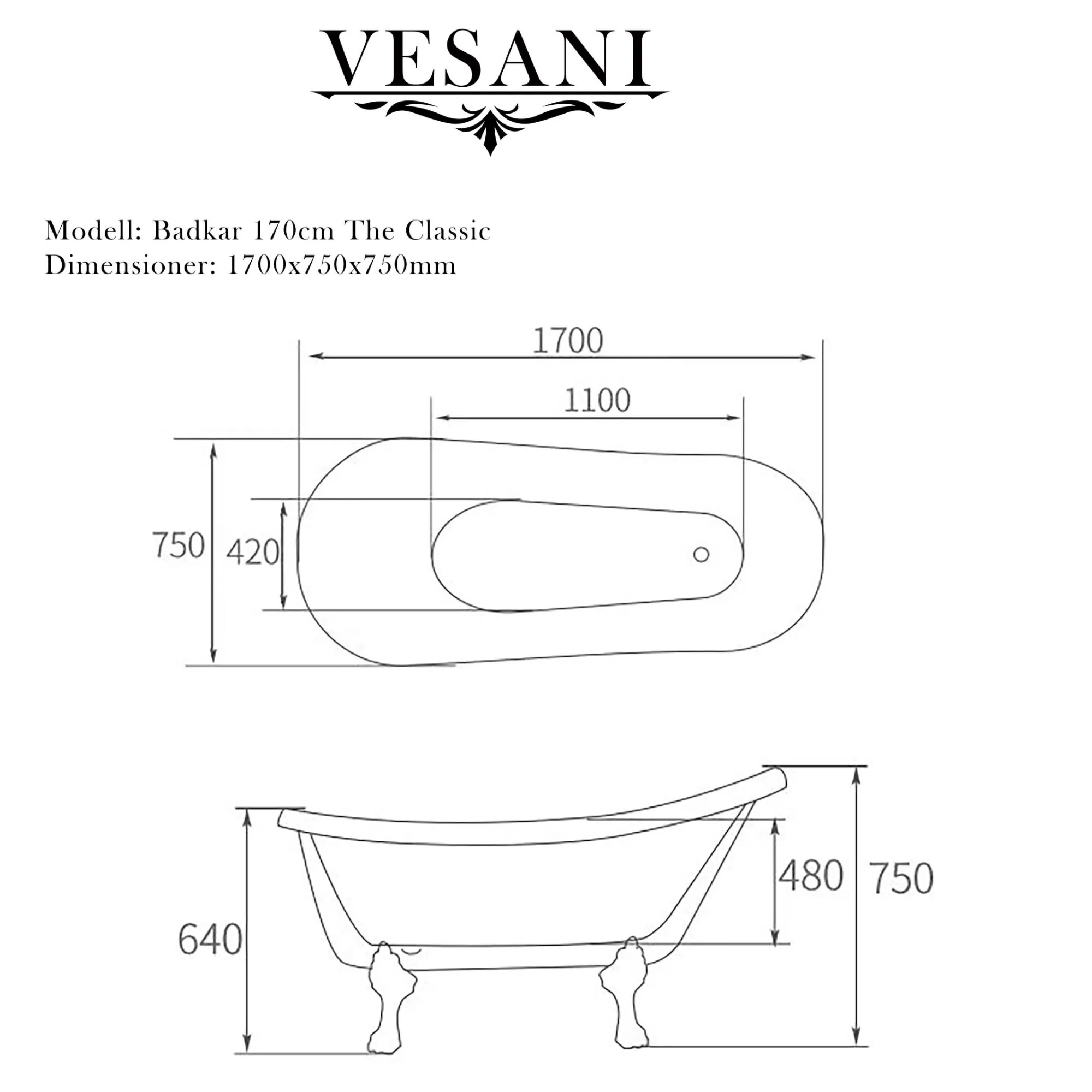 Badkar 170cm Vit Tassar Krom - The Classic
