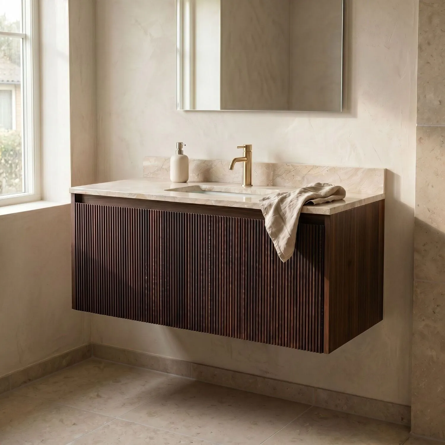 Badrumskommod Valnöt 100cm Beige Marmor - Båstad
