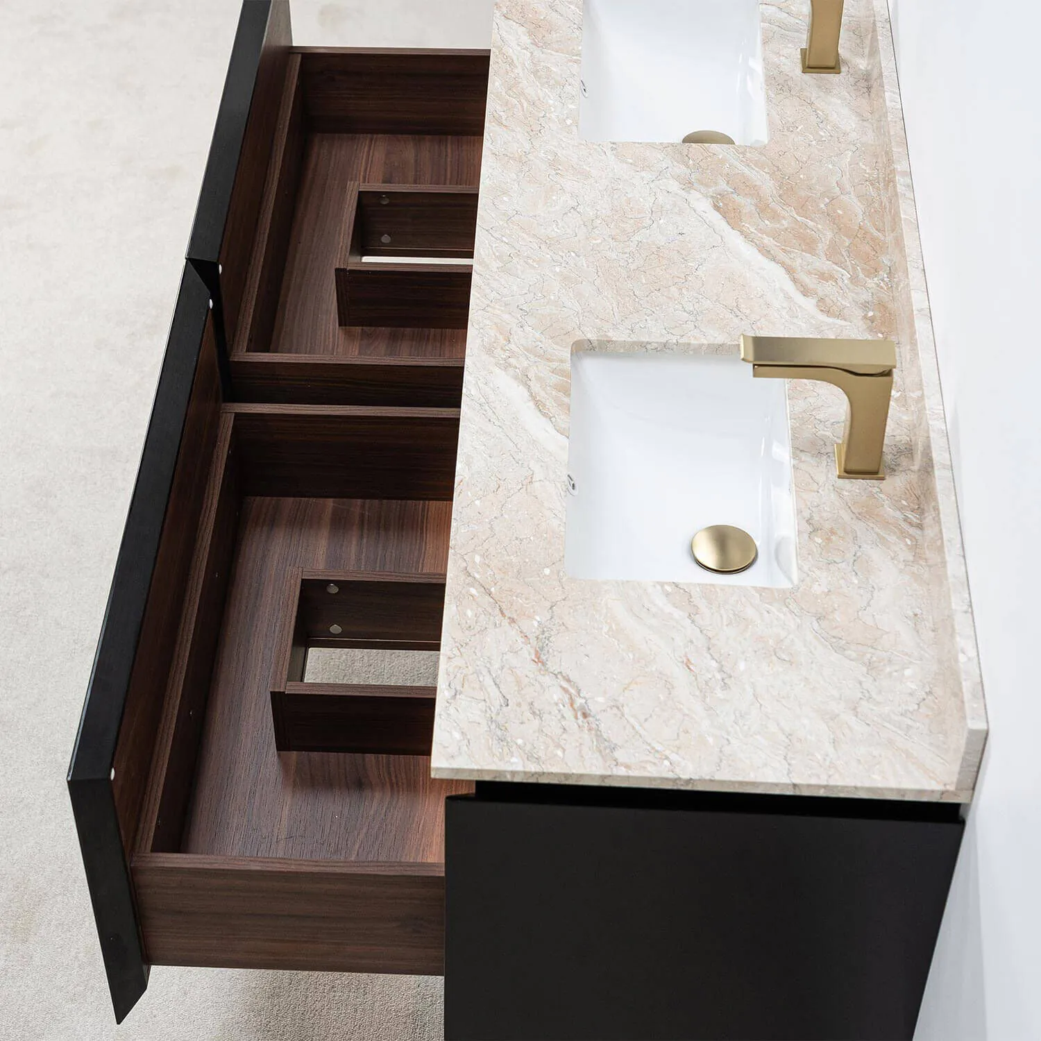 Dubbelkommod Svart Valnöt 150cm Beige Marmor - Dallas