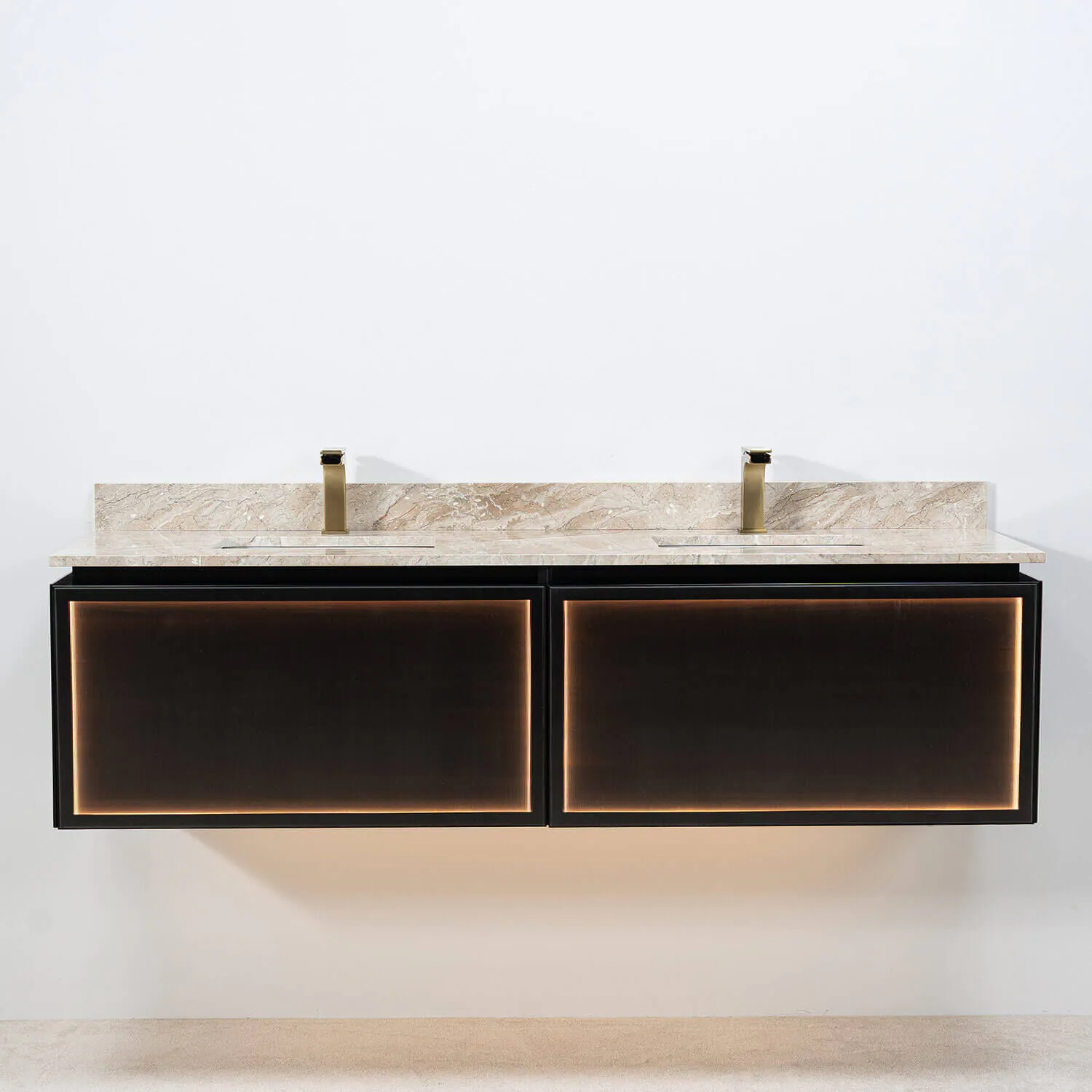 Dubbelkommod Svart Valnöt 150cm Beige Marmor - Dallas