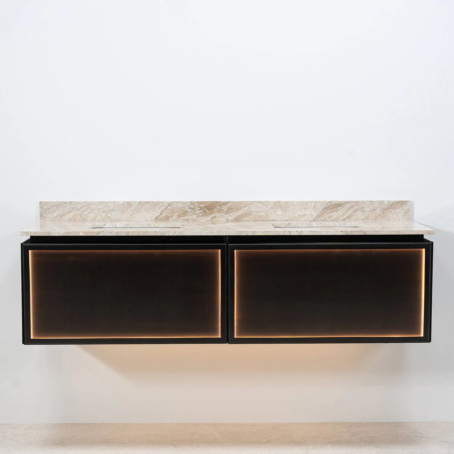 Dubbelkommod Svart Valnöt 150cm Beige Marmor - Dallas