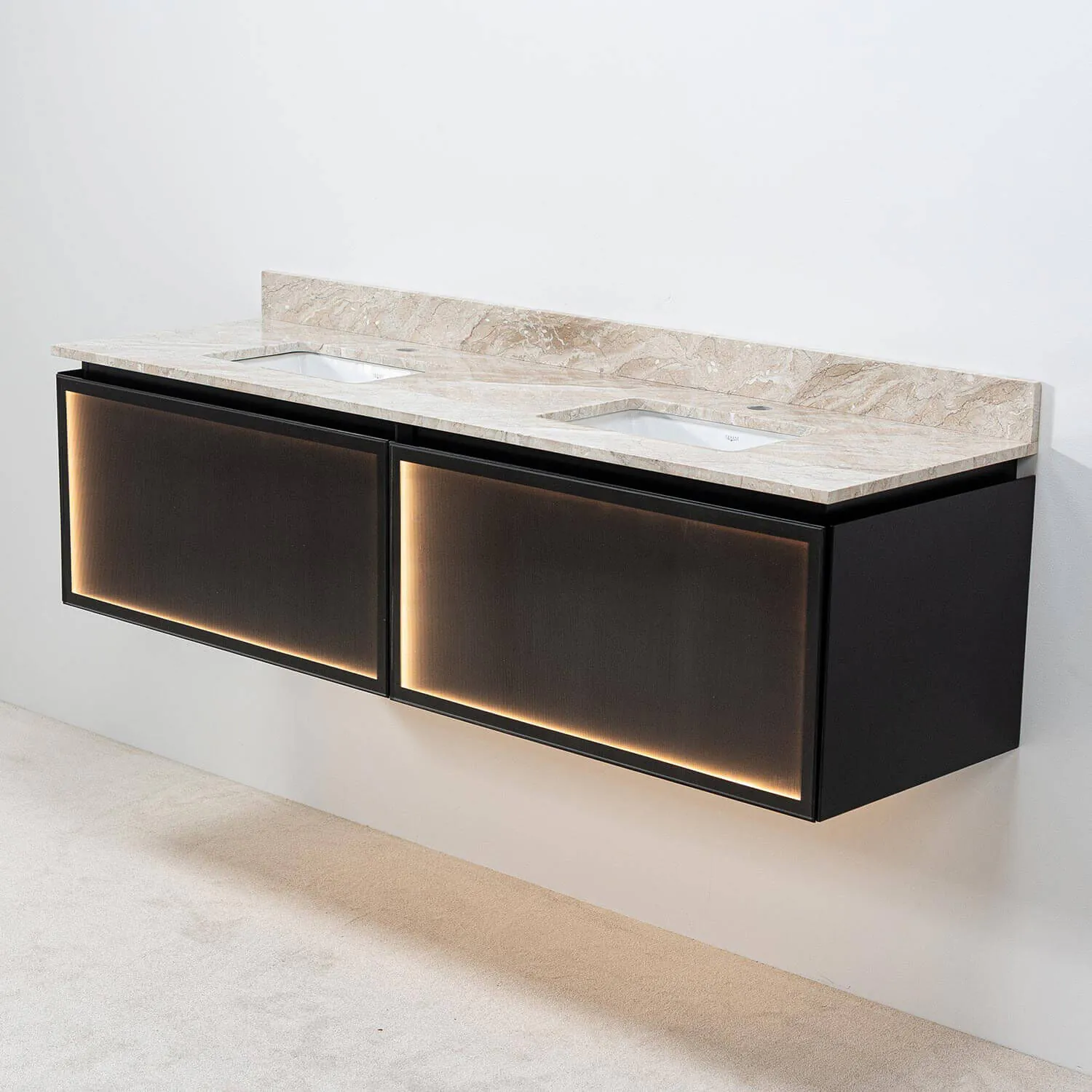 Dubbelkommod Svart Valnöt 150cm Beige Marmor - Dallas