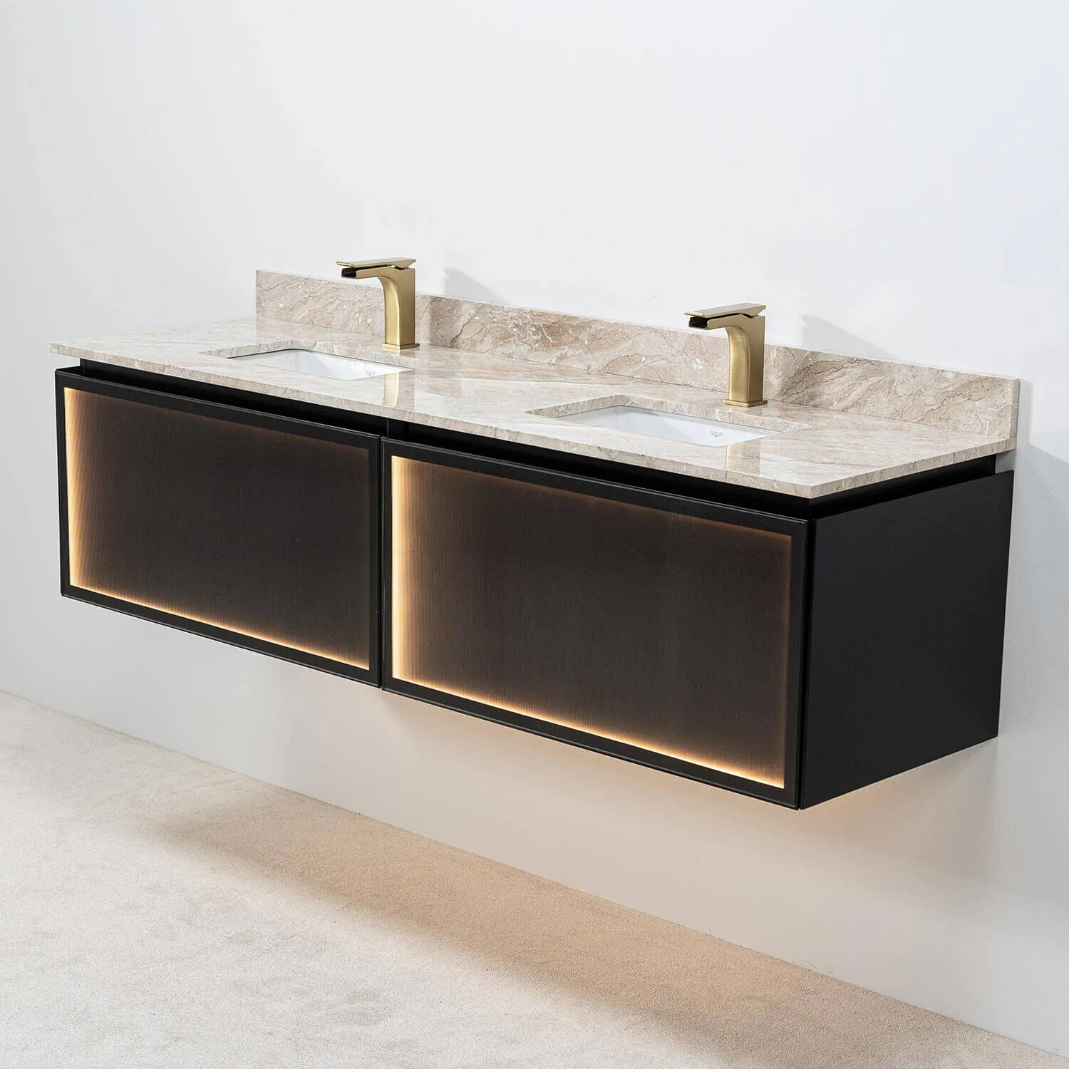 Dubbelkommod Svart Valnöt 150cm Beige Marmor - Dallas