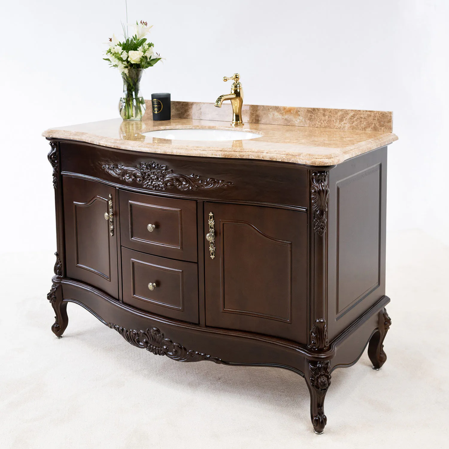 Kommod Badrum 120cm Ottawa Mörkbrun - Beige Marmor