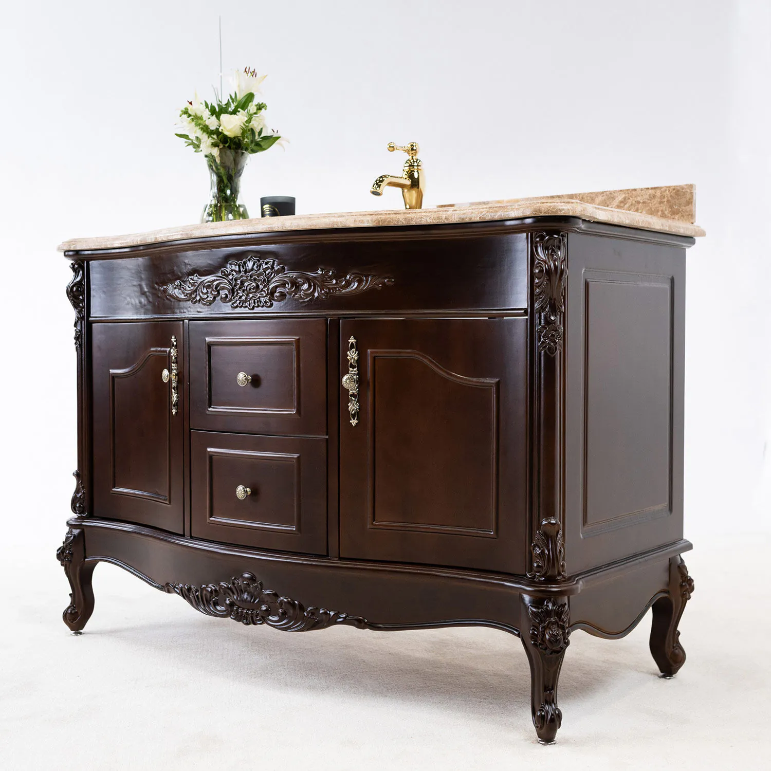 Kommod Badrum 120cm Ottawa Mörkbrun - Beige Marmor