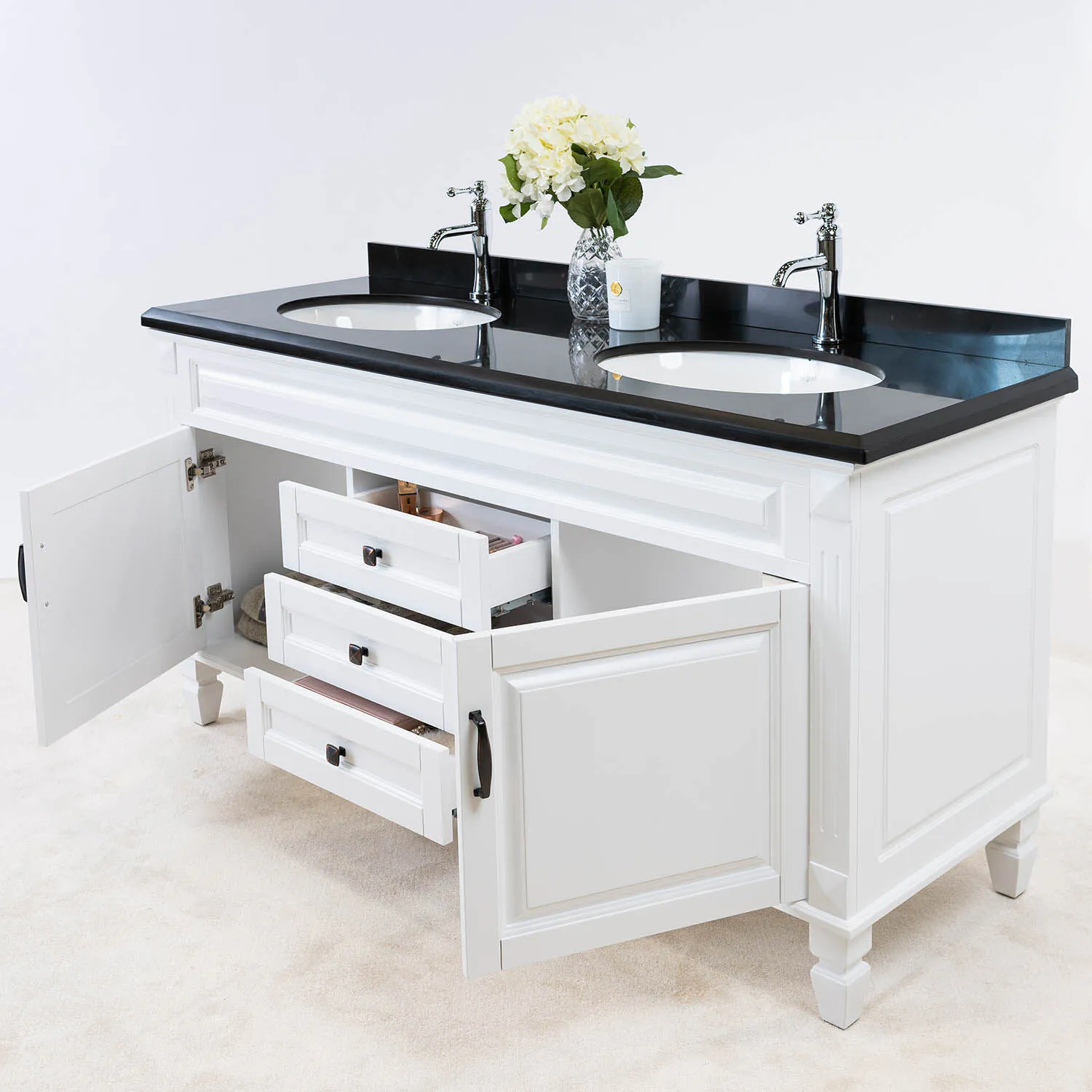 Dubbelhandfat Kommod 160cm Nashville Vit - Svart Granit