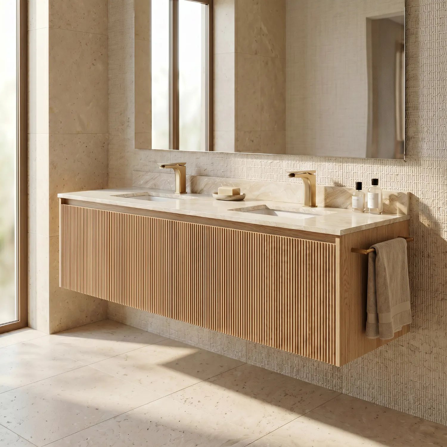 Dubbelkommod Ek 150cm Beige Marmor - Båstad