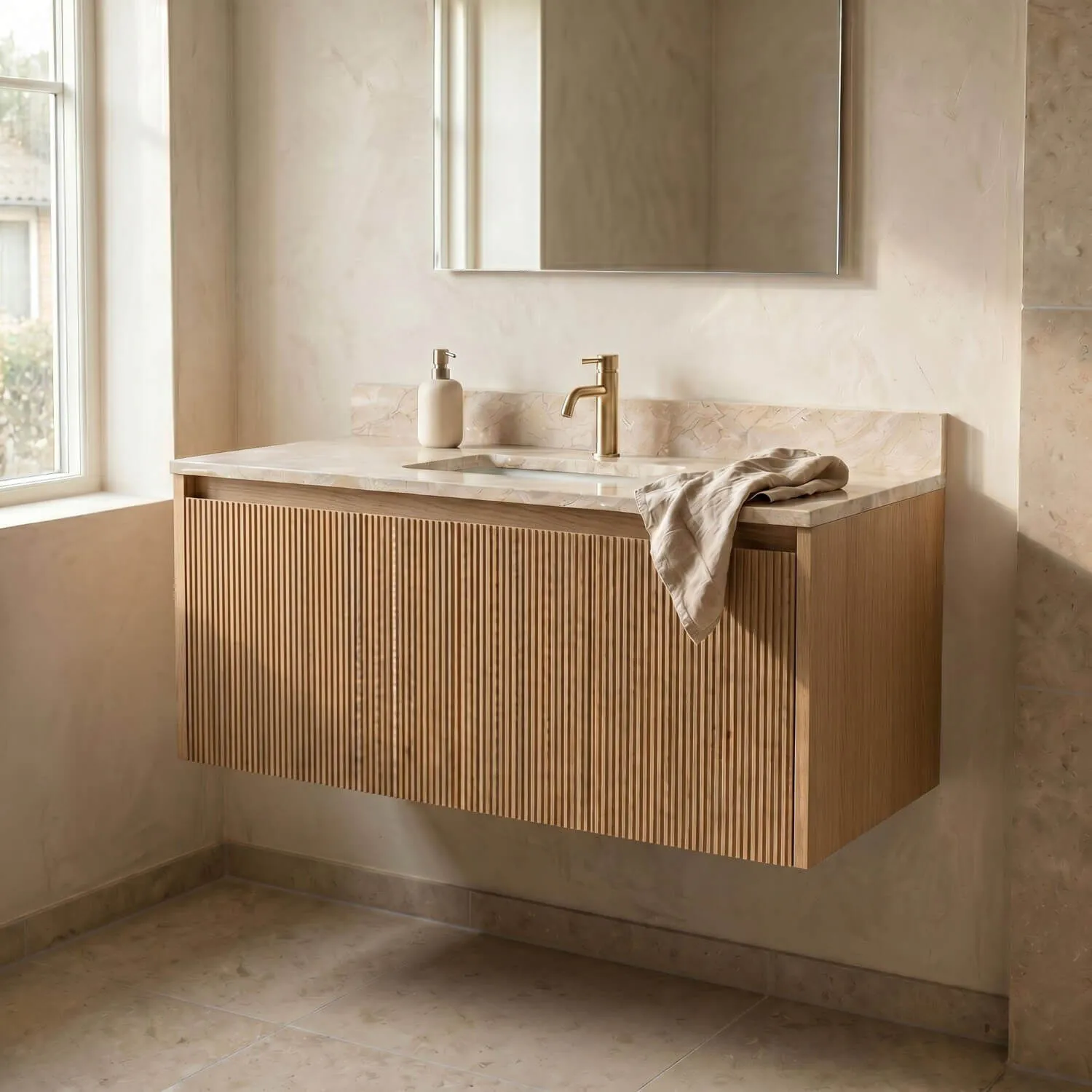 Badrumskommod Ek 100cm Beige Marmor - Båstad