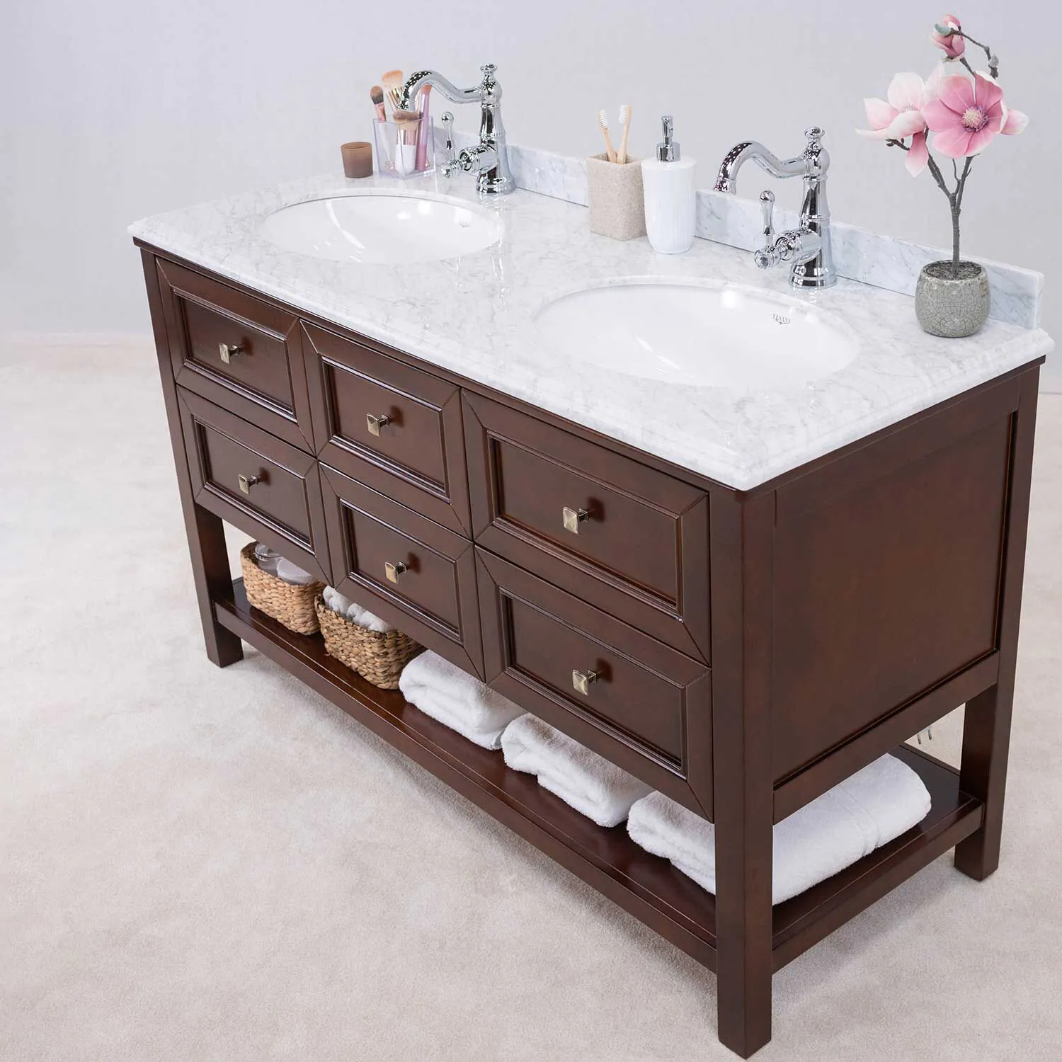 Dubbel Kommod Badrum 140cm Utah Mörk Ek - Vit Marmor
