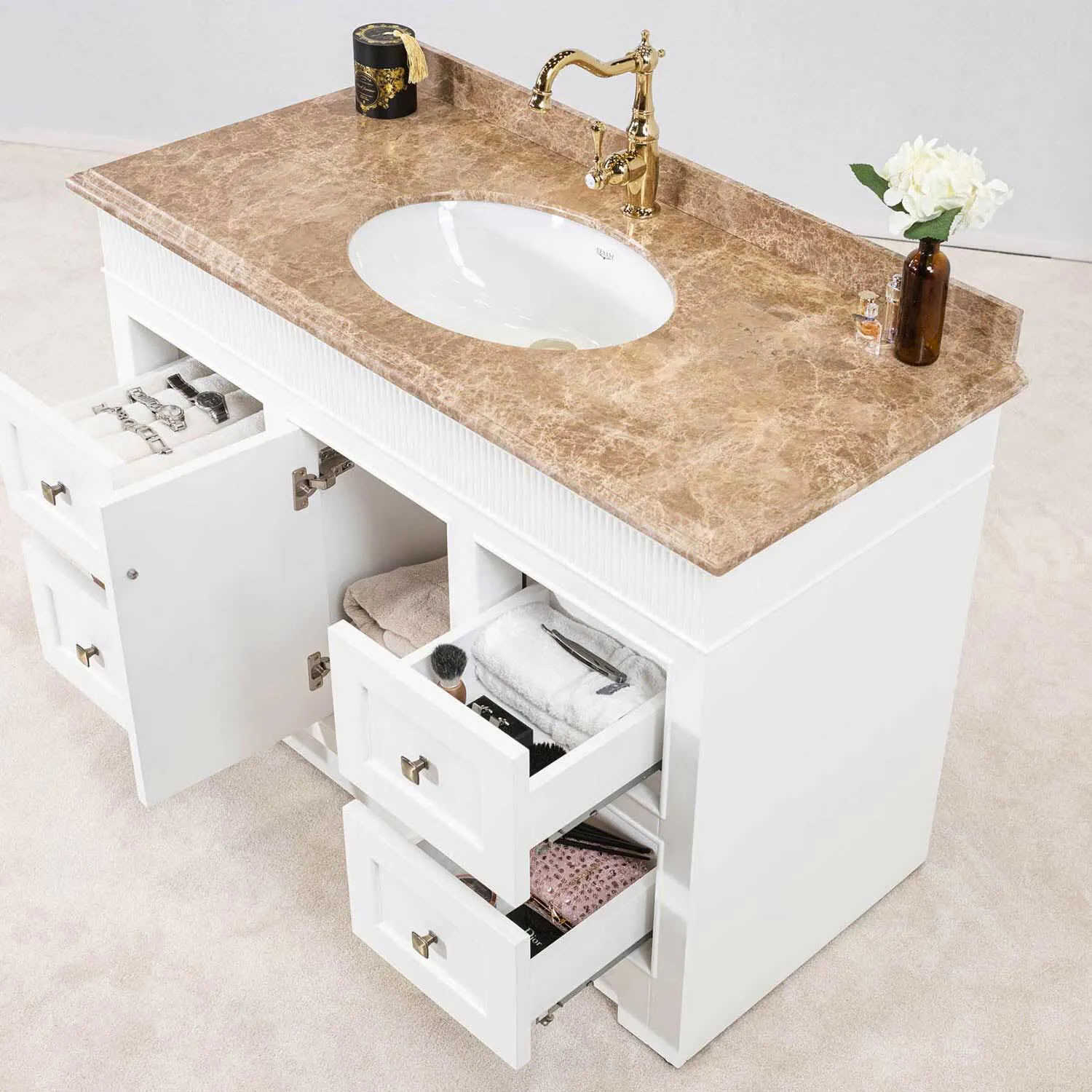 Kommod Badrum 120cm Idaho Vit - Beige Marmor