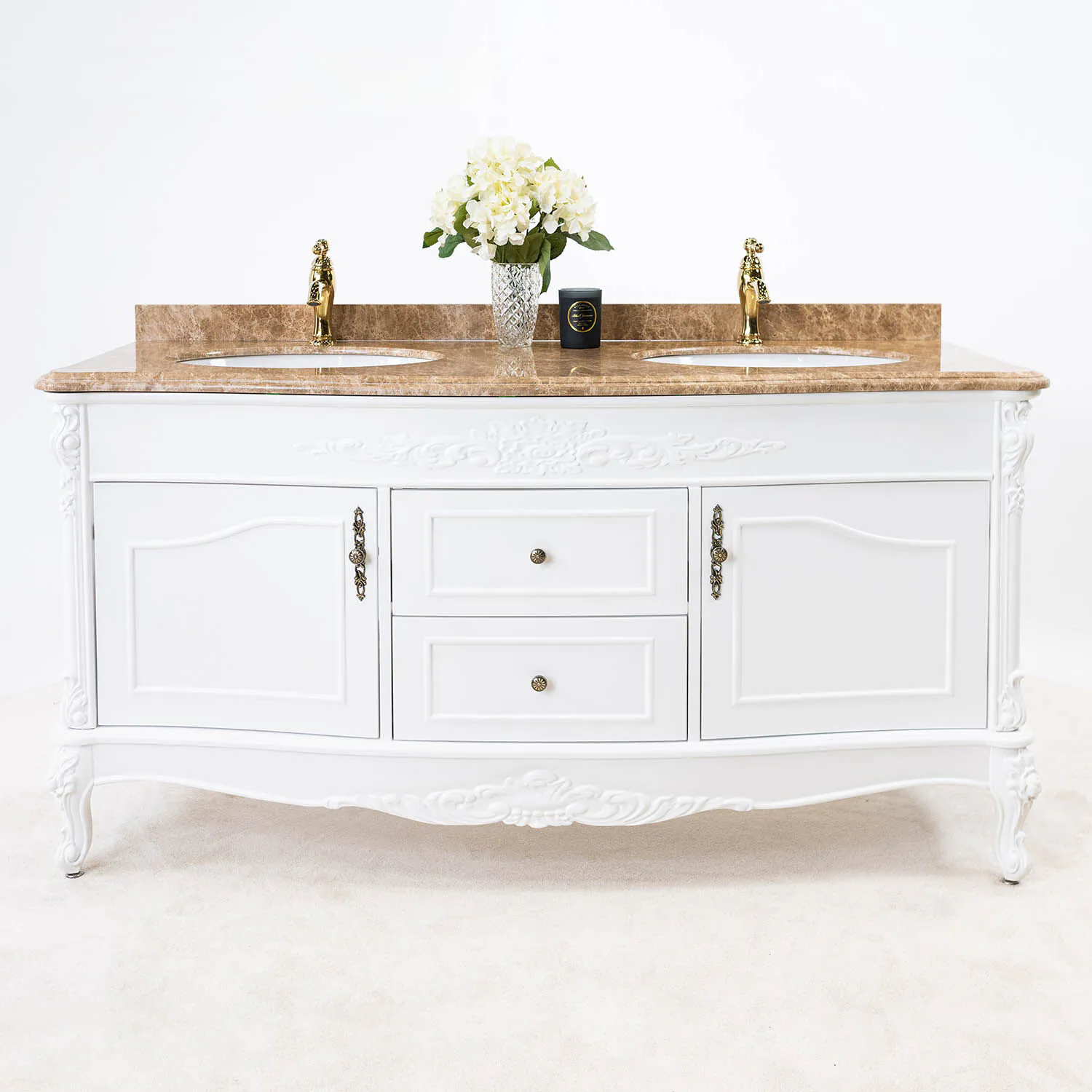 Dubbelhandfat Kommod 160cm Ottawa Vit - Beige Marmor