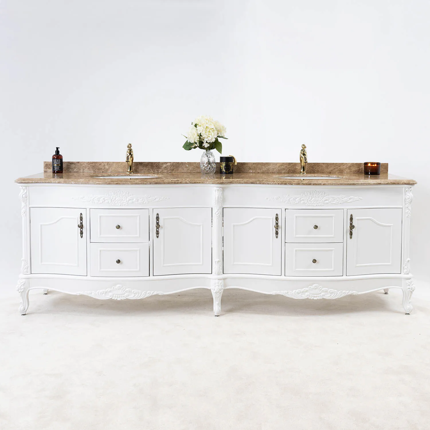 Dubbelhandfat Kommod 240cm Ottawa Vit - Beige Marmor