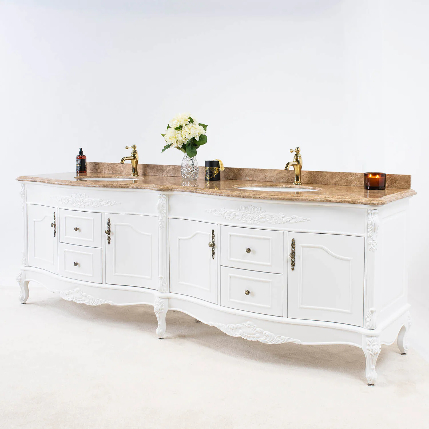Dubbelhandfat Kommod 240cm Ottawa Vit - Beige Marmor
