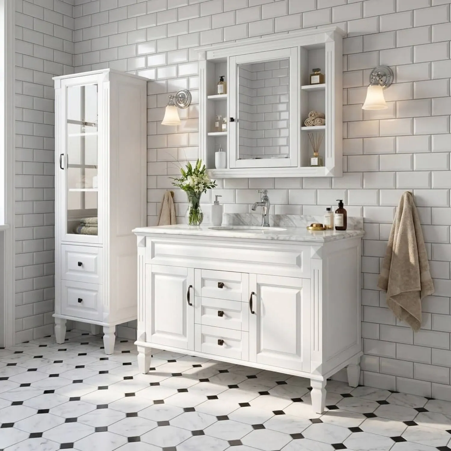 Kommod Badrum 120cm Nashville Vit - Vit Marmor