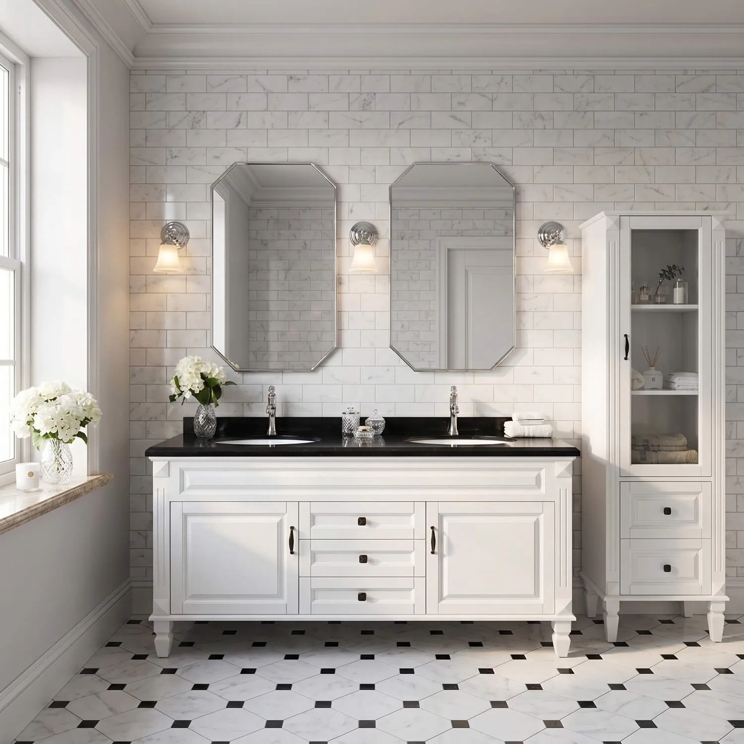 Dubbelhandfat Kommod 160cm Nashville Vit - Svart Granit