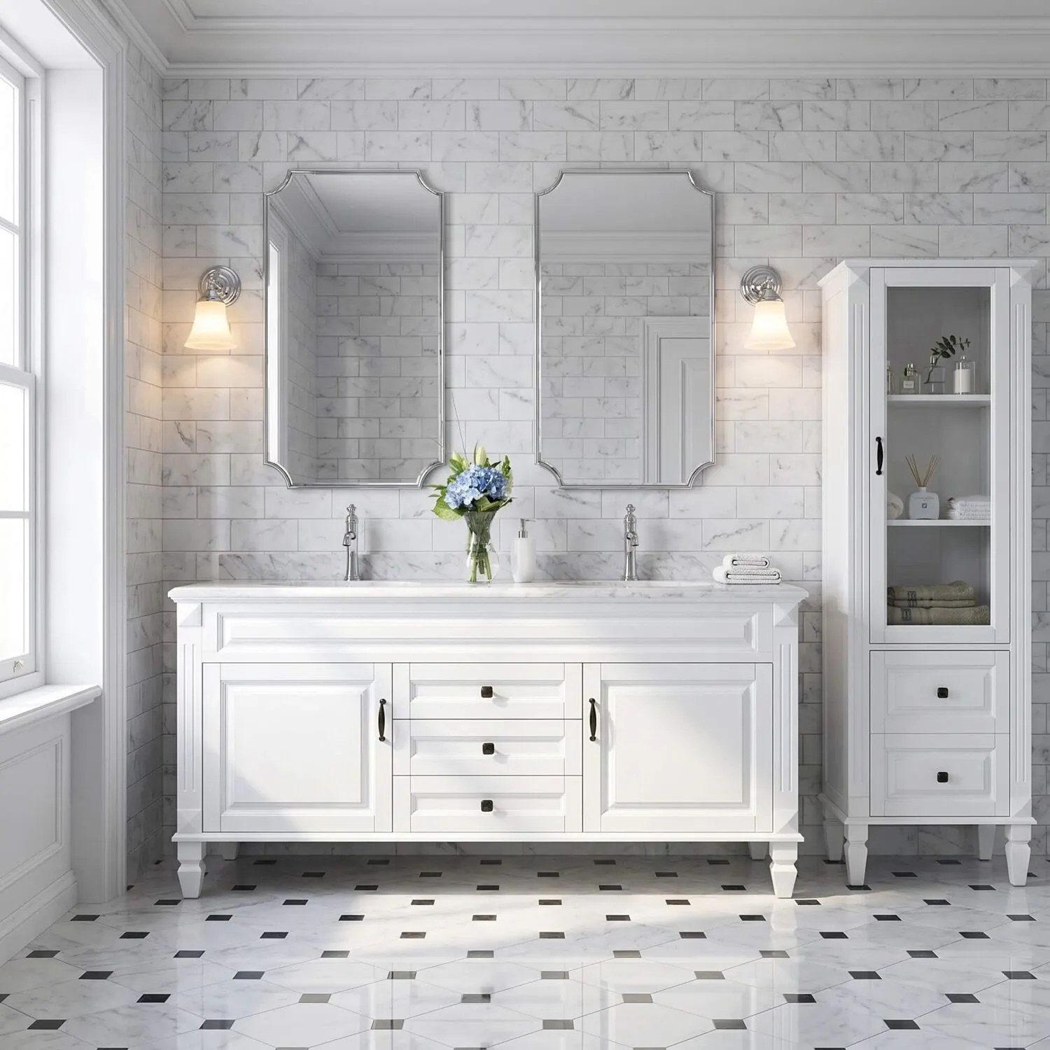 Dubbelhandfat Kommod 160cm Nashville Vit - Vit Marmor
