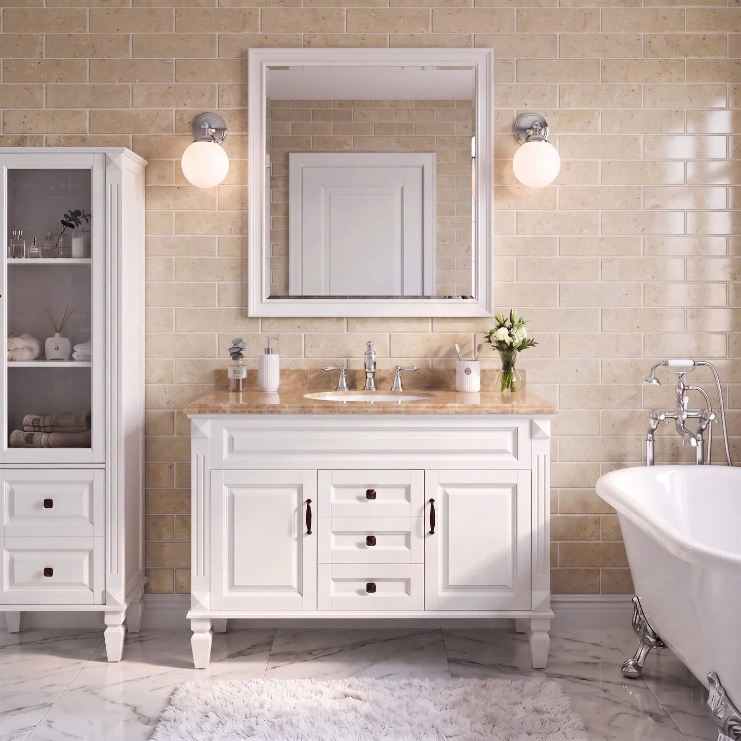 Kommod Badrum 120cm Nashville Vit - Beige Marmor