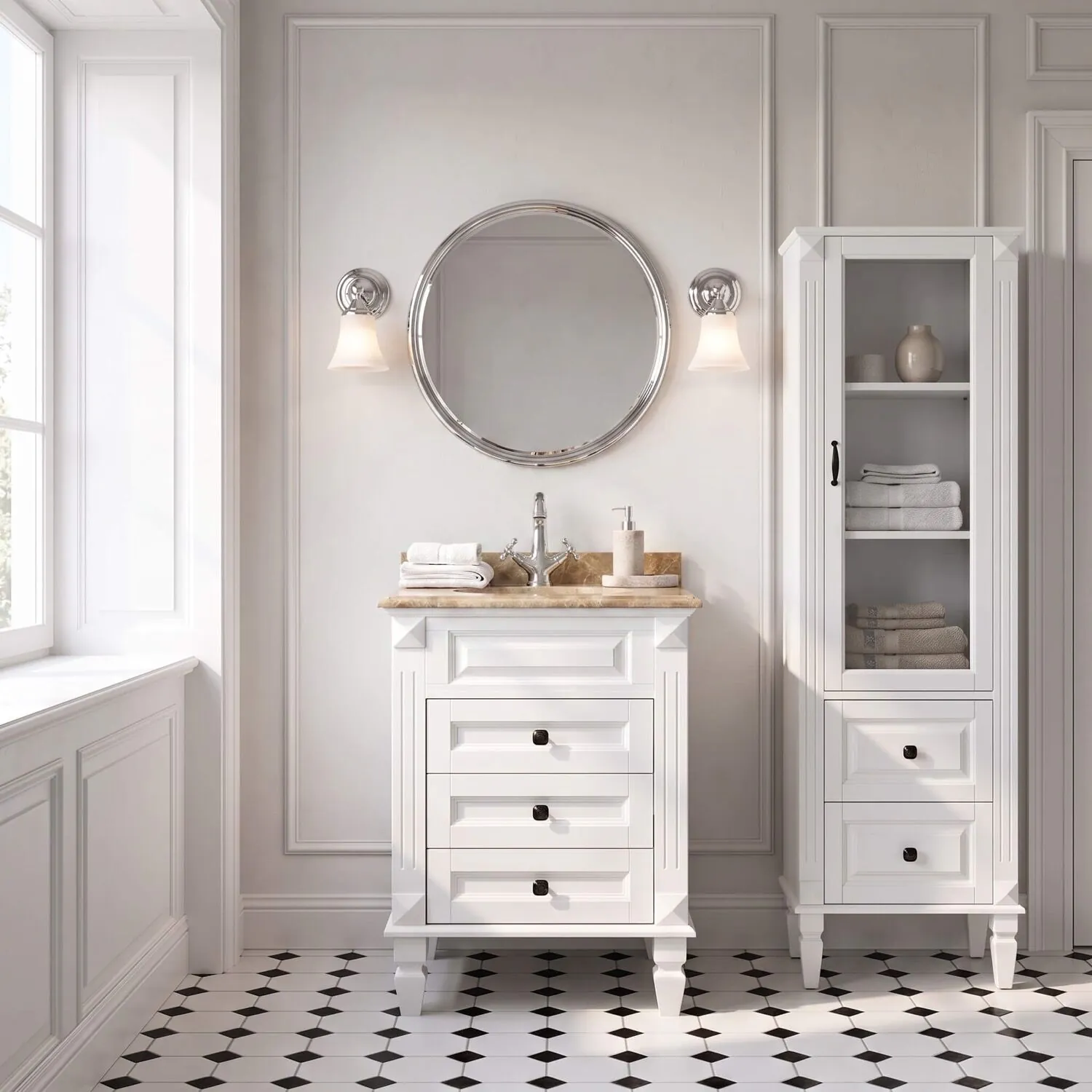 Kommod Badrum 60cm Nashville Vit - Beige Marmor