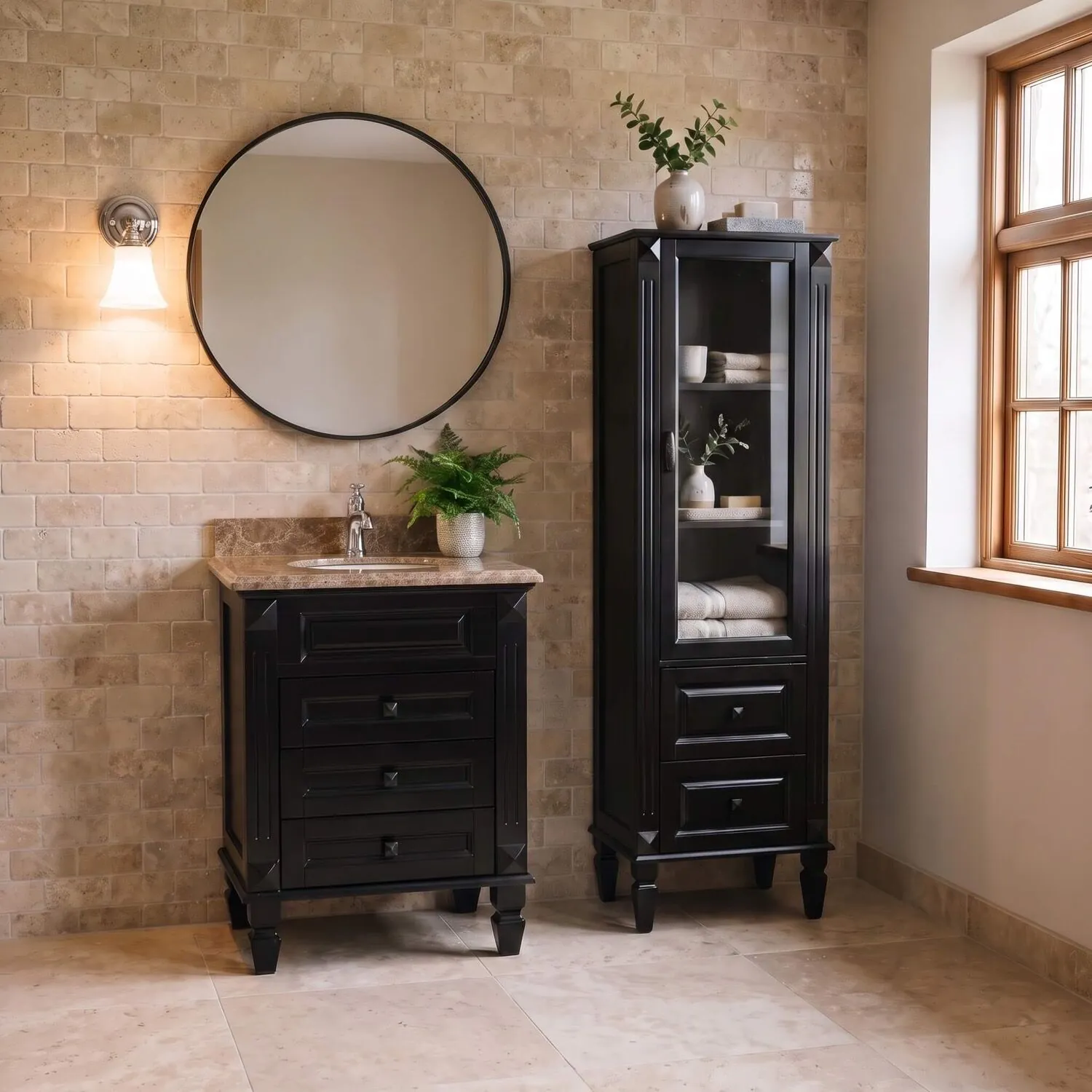 Kommod Badrum 60cm Nashville Svart - Beige Marmor