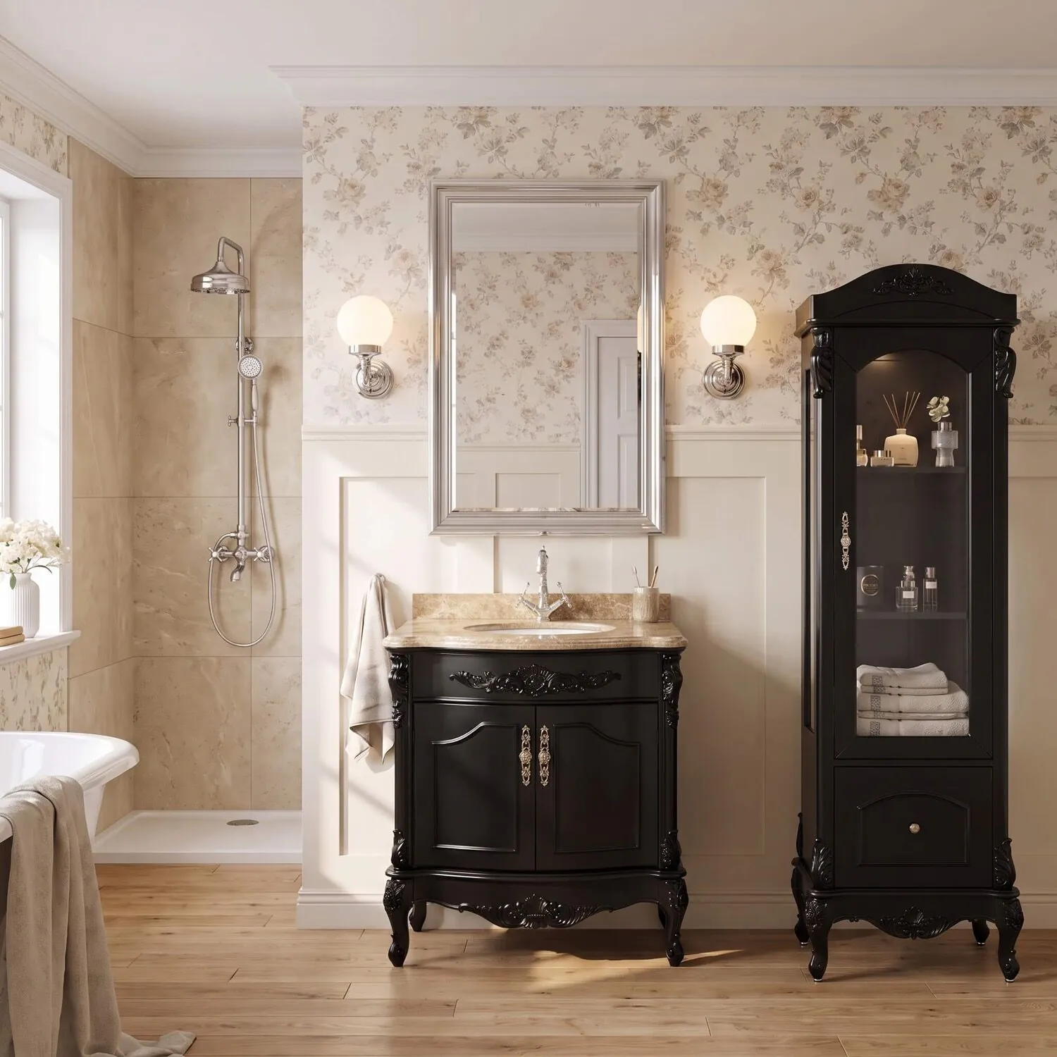 Kommod Badrum 80cm Ottawa Svart - Beige Marmor