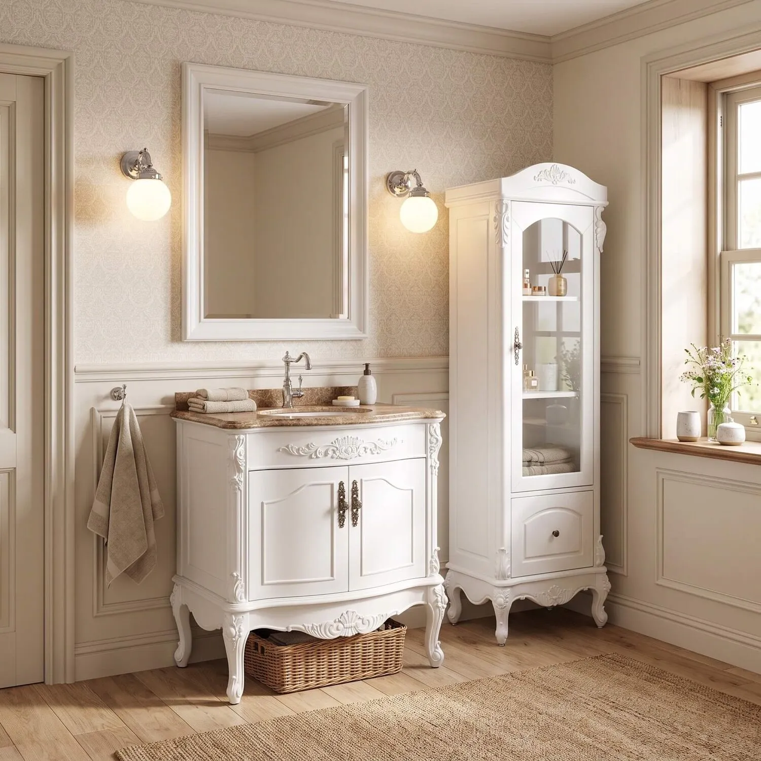 Kommod Badrum 80cm Ottawa Vit - Beige Marmor