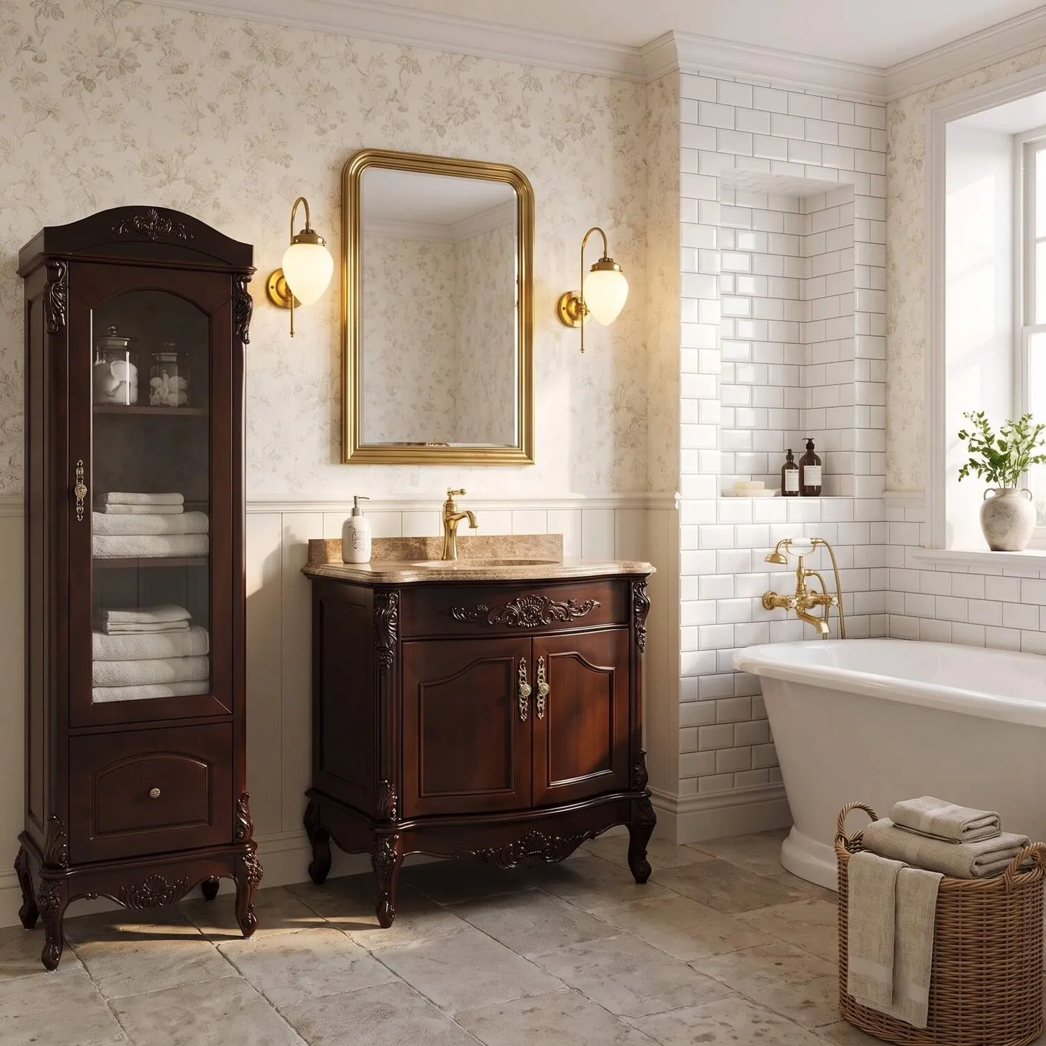 Kommod Badrum 80cm Ottawa Mörkbrun - Beige Marmor
