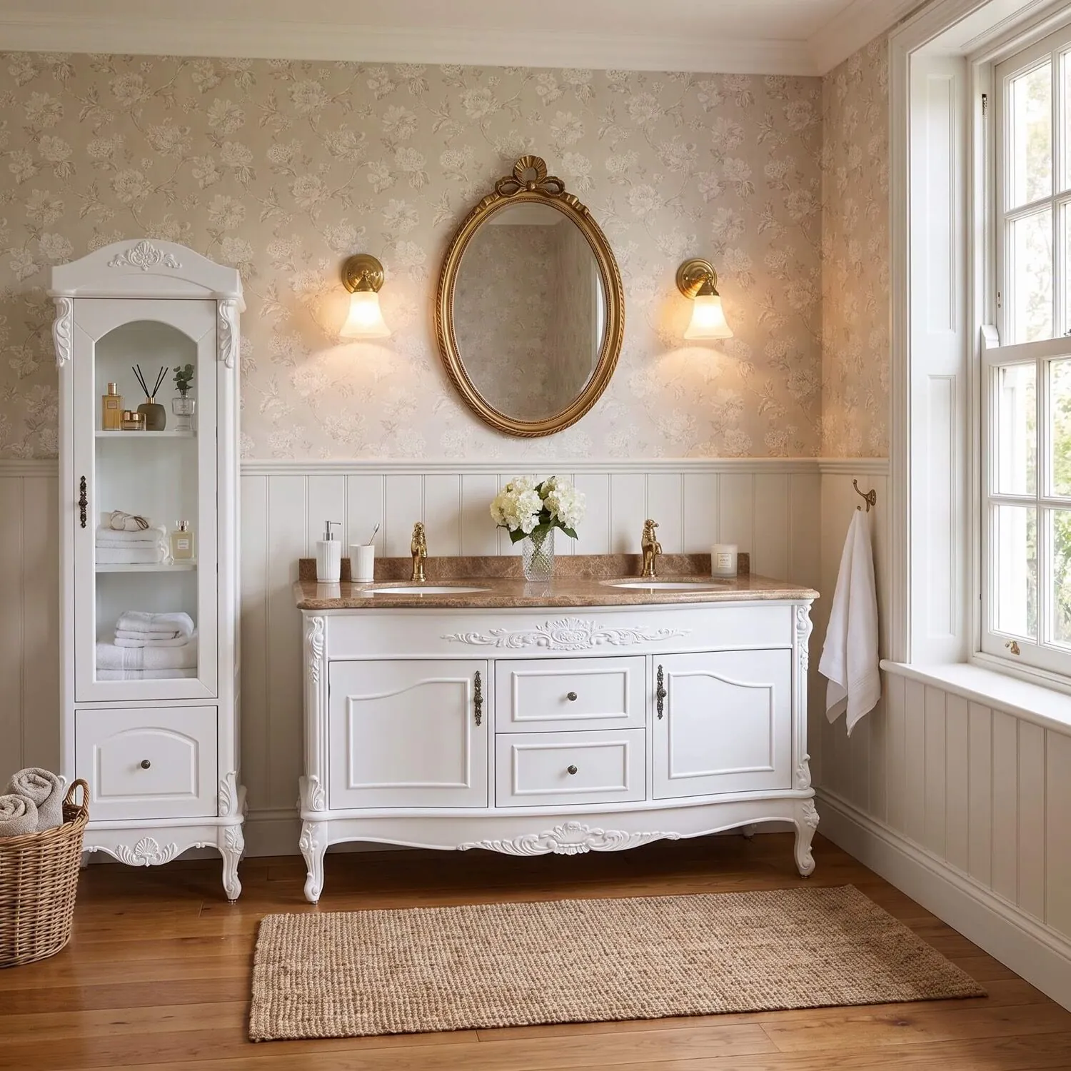 Dubbelhandfat Kommod 160cm Ottawa Vit - Beige Marmor