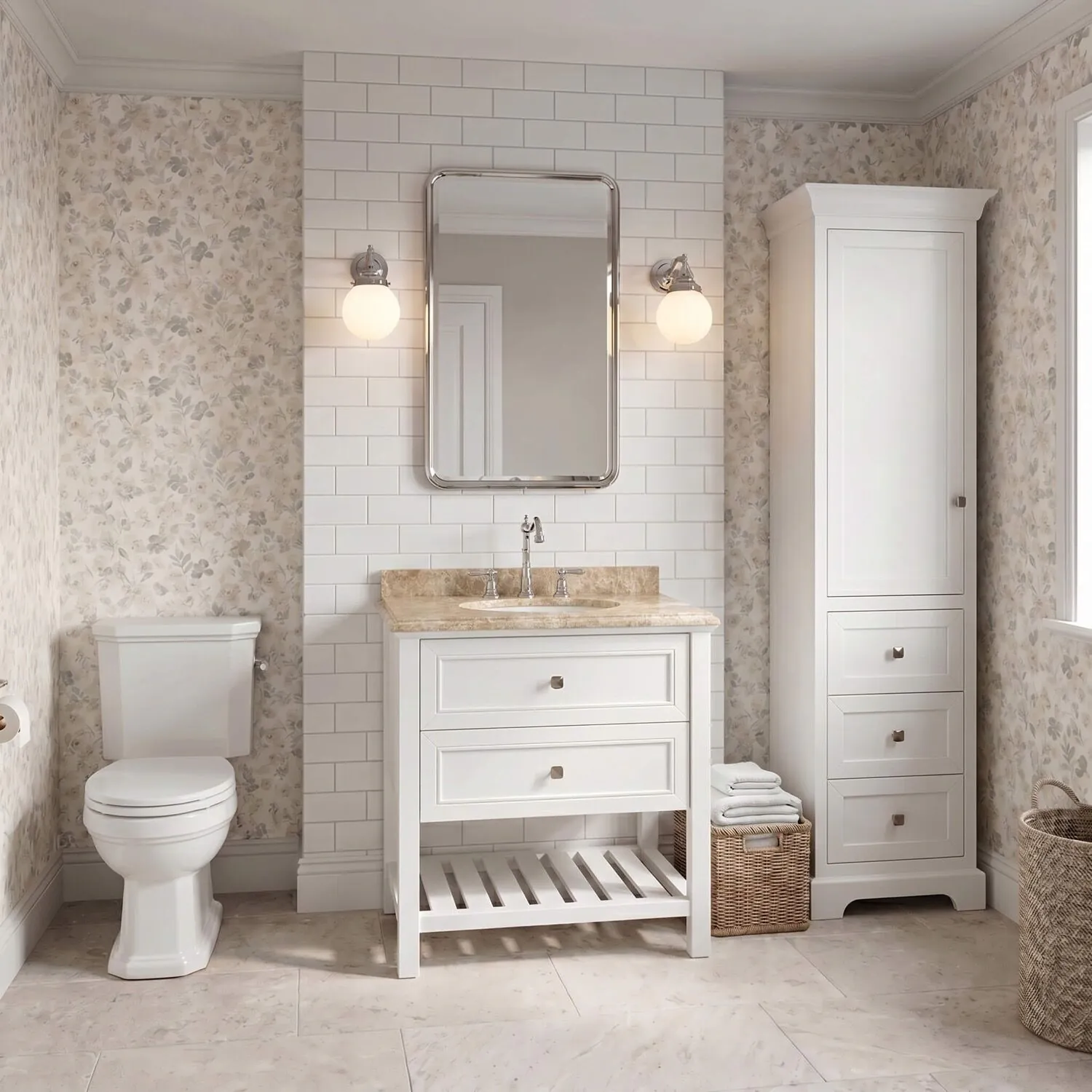 Kommod Badrum 80cm Utah Vit - Beige Marmor