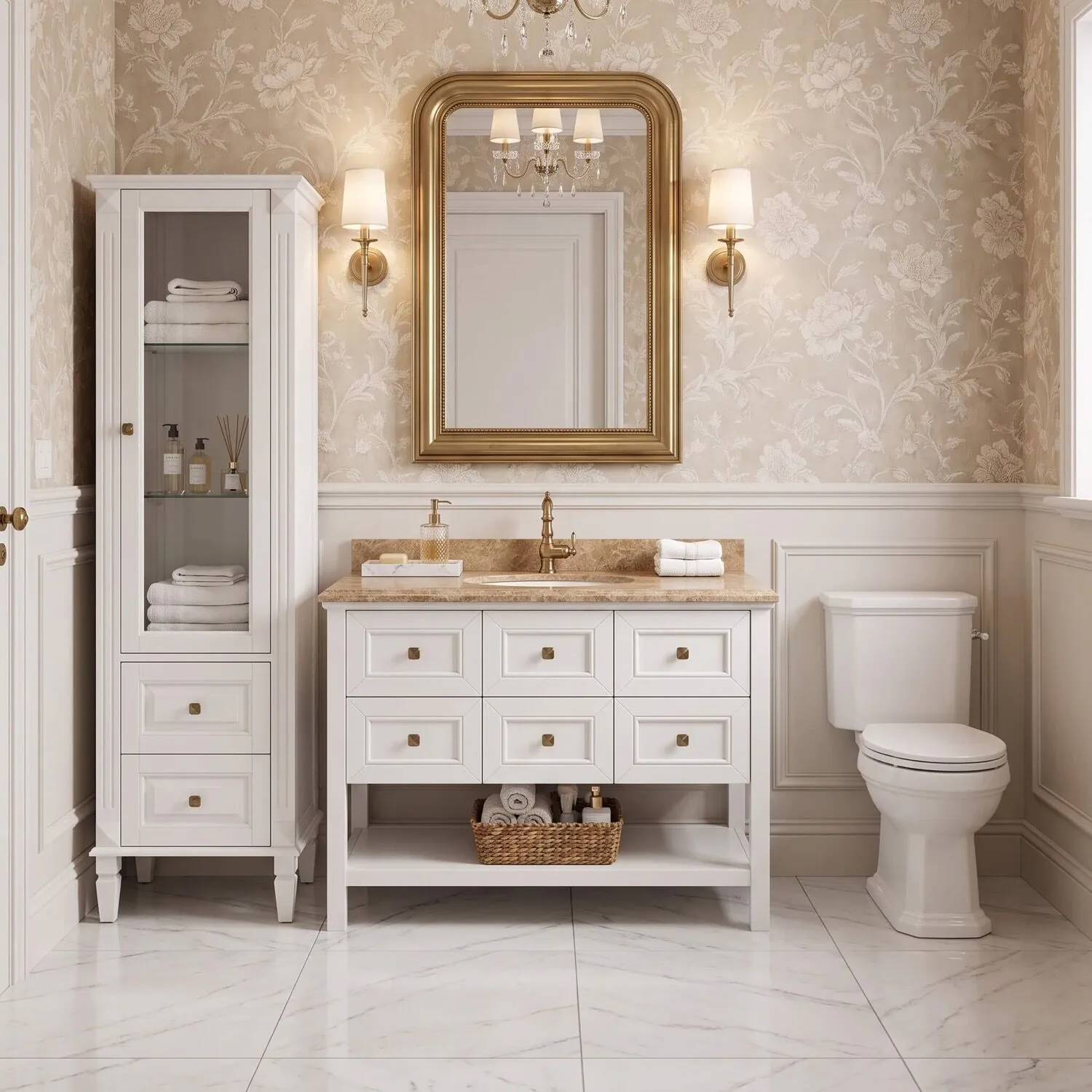 Kommod Badrum 120cm Utah Vit - Beige Marmor