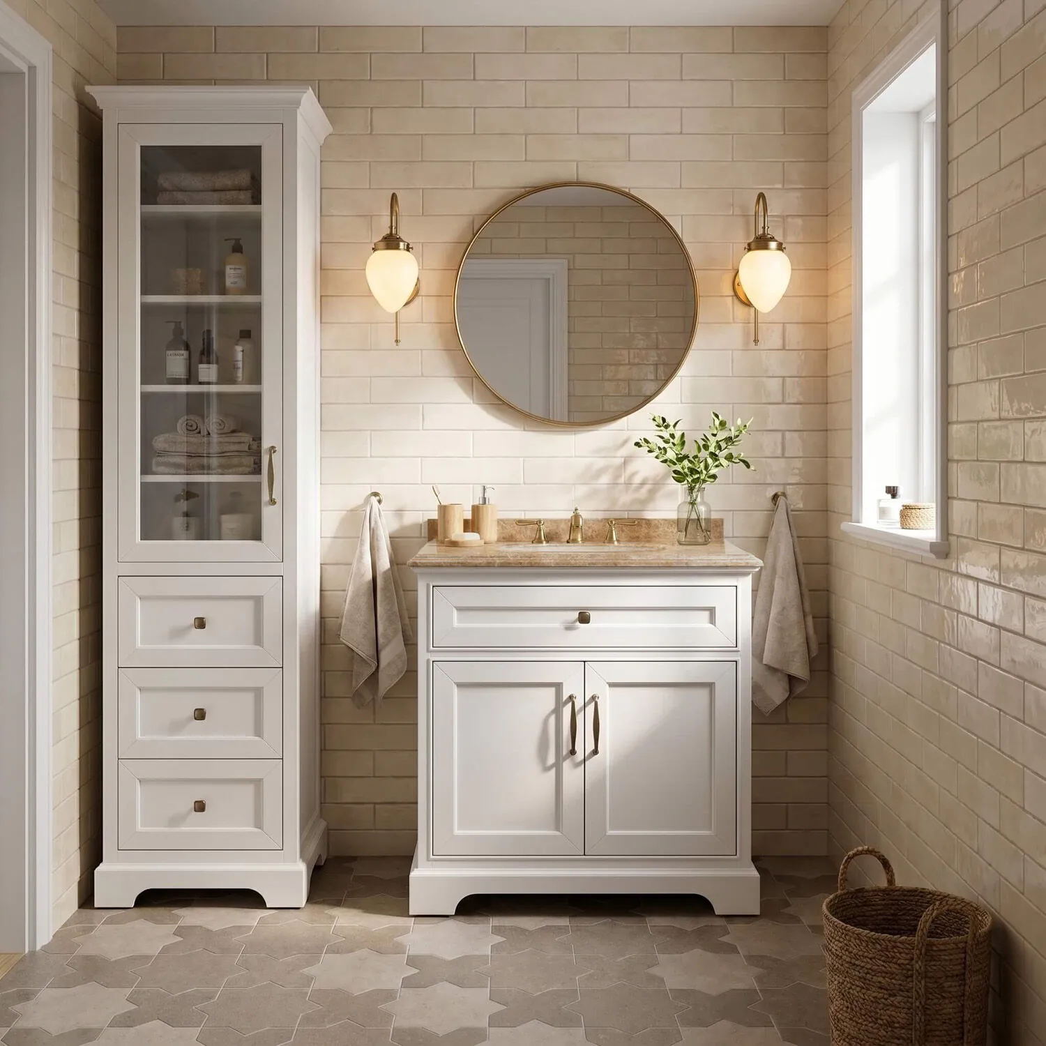 Kommod Badrum 80cm Wyoming Vit - Beige Marmor