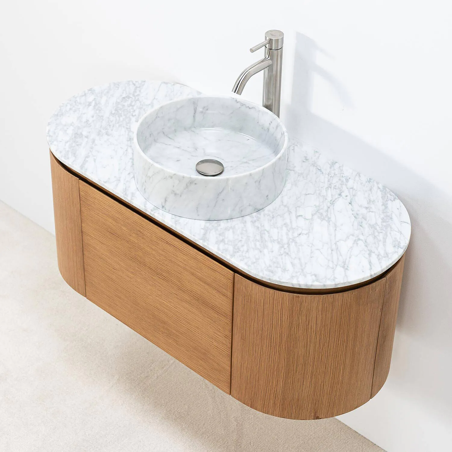 Badrumskommod Ek 100cm Vit Marmor Fristående Handfat - Sandhamn