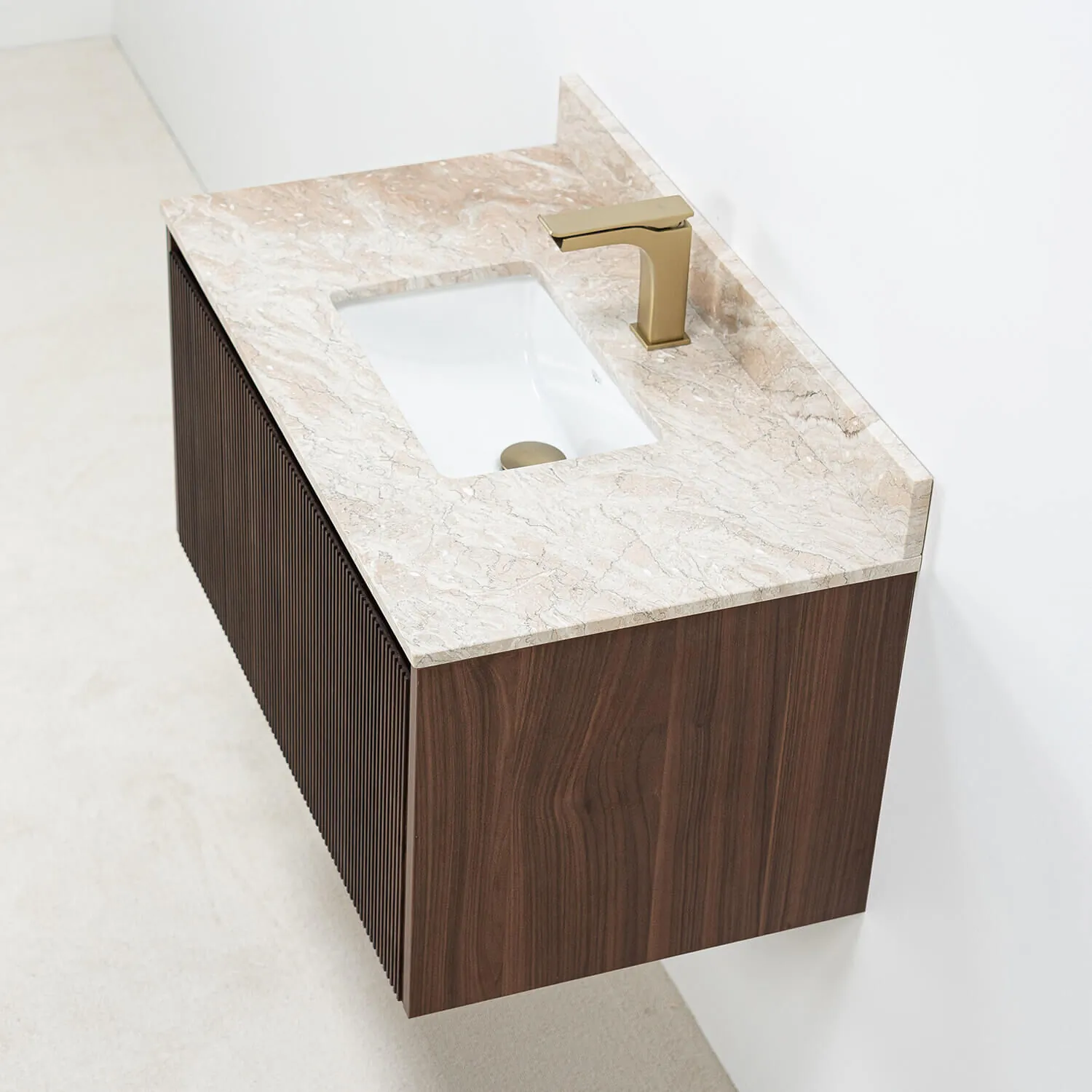 Badrumskommod Valnöt 80cm Beige Marmor - Båstad