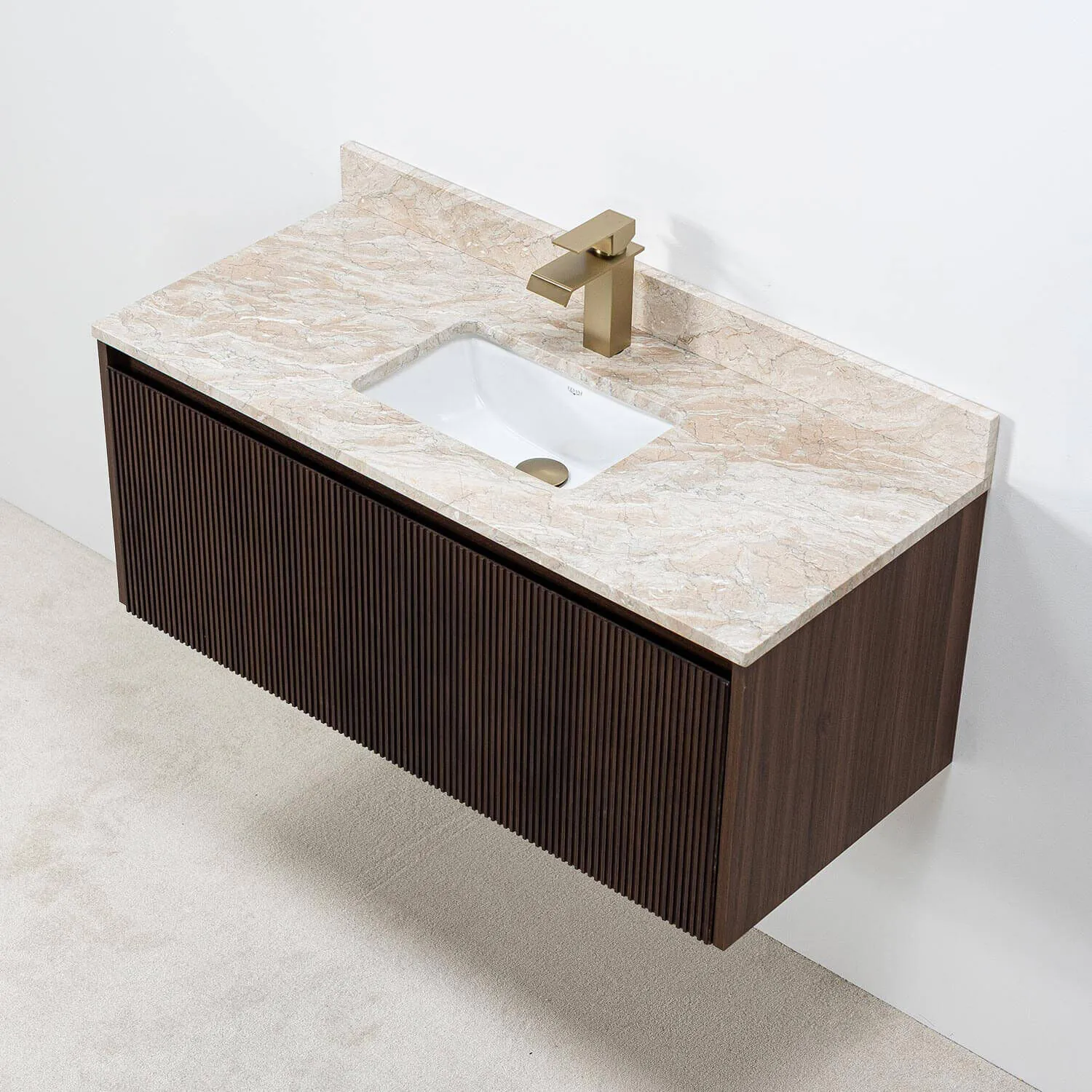Badrumskommod Valnöt 100cm Beige Marmor - Båstad